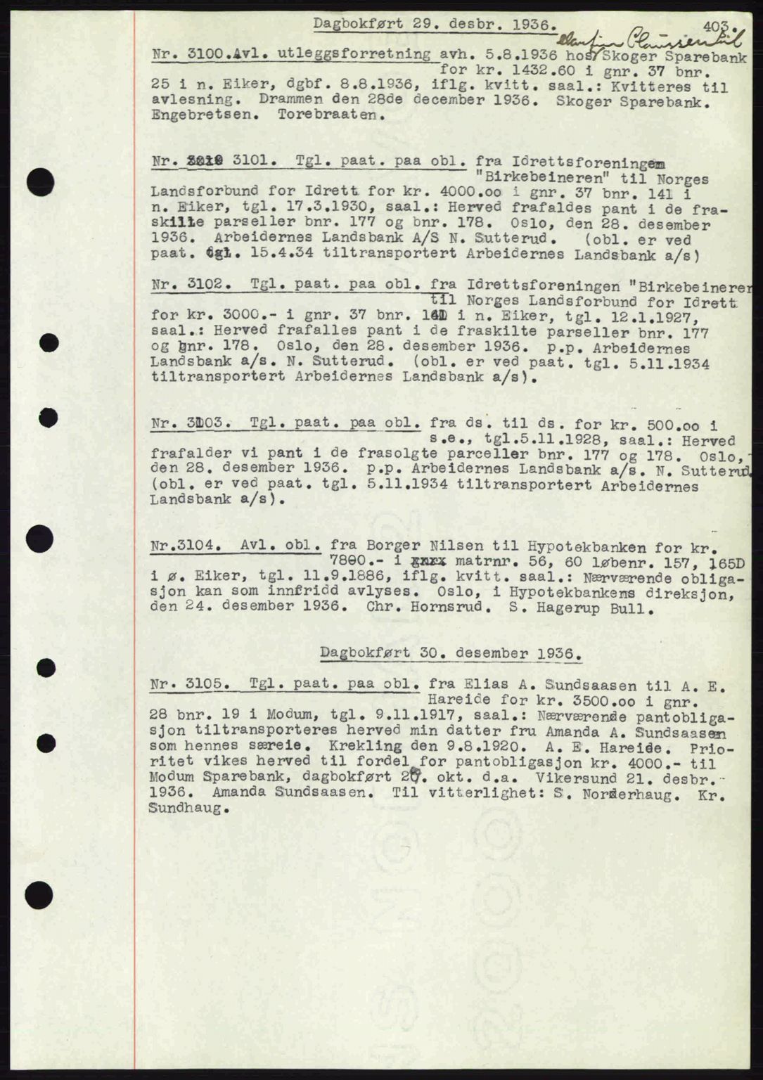 Eiker, Modum og Sigdal sorenskriveri, SAKO/A-123/G/Ga/Gab/L0034: Mortgage book no. A4, 1936-1937, Diary no: : 3100/1936