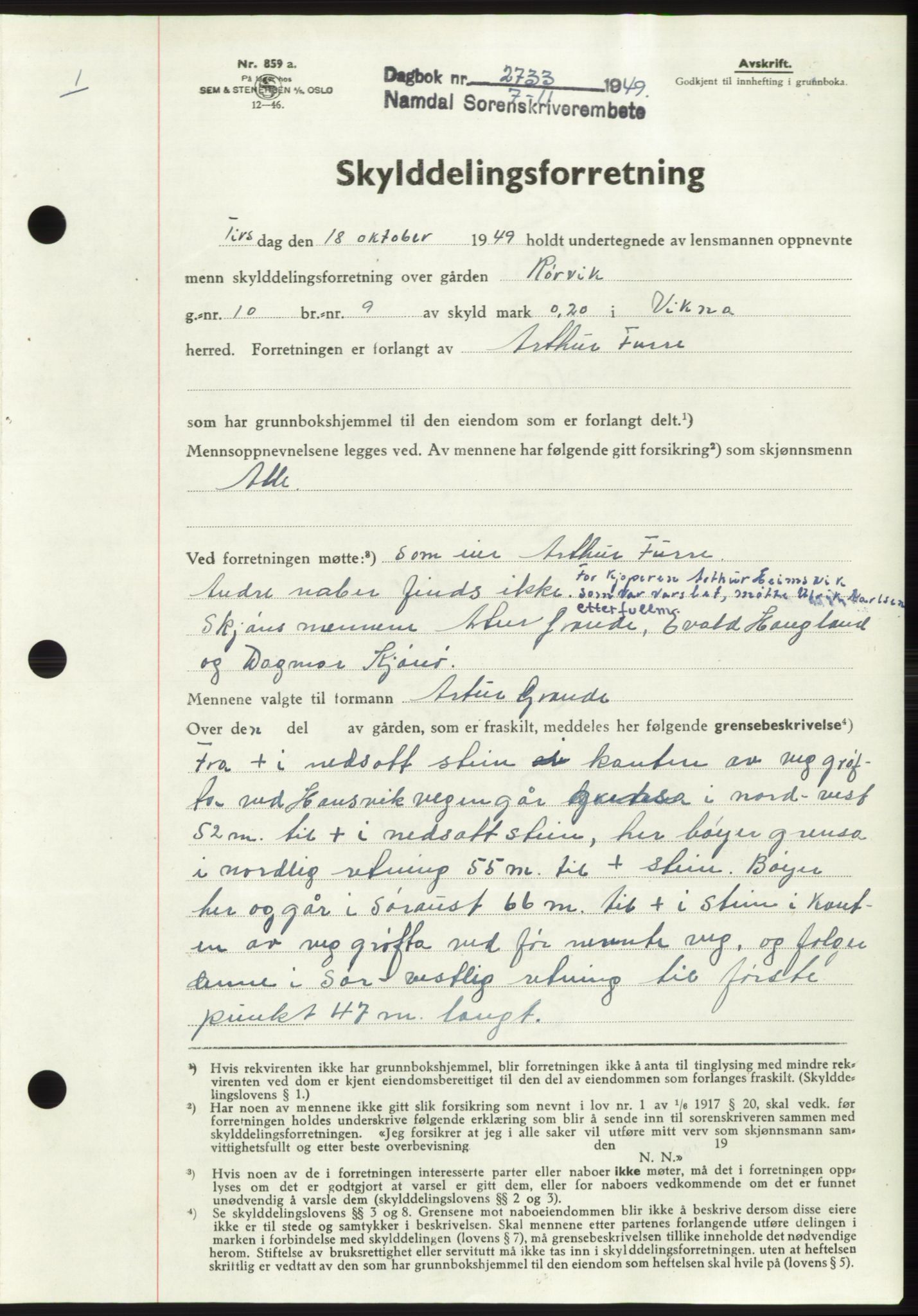 Namdal sorenskriveri, AV/SAT-A-4133/1/2/2C: Mortgage book no. -, 1949-1949, Diary no: : 2733/1949
