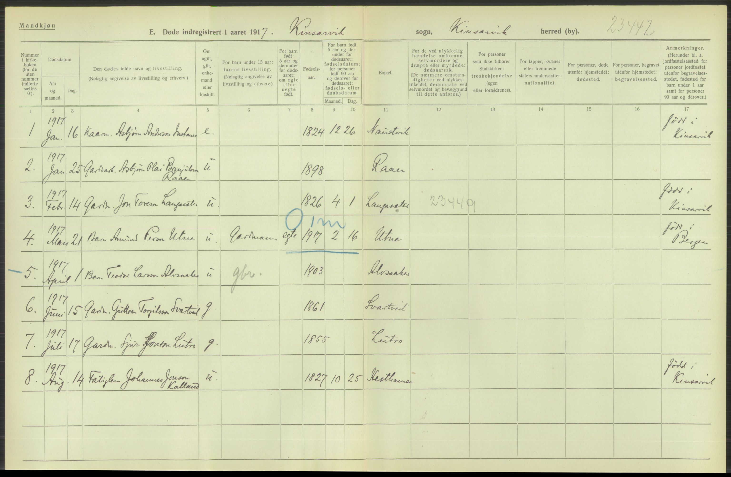 Statistisk sentralbyrå, Sosiodemografiske emner, Befolkning, RA/S-2228/D/Df/Dfb/Dfbg/L0036: S. Bergenhus amt: Døde, dødfødte. Bygder., 1917, p. 624