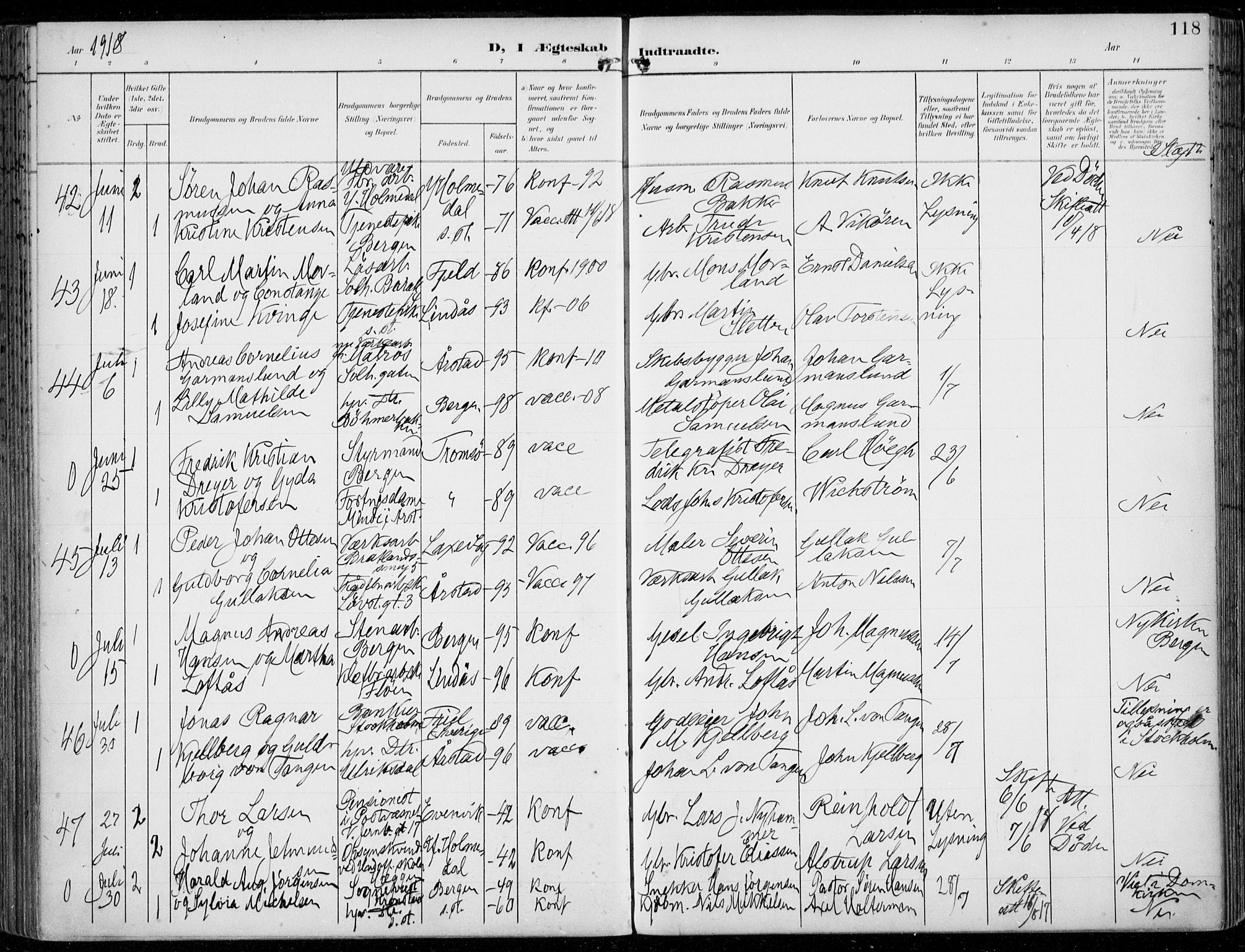 Årstad Sokneprestembete, AV/SAB-A-79301/H/Haa/L0009: Parish register (official) no. C 1, 1902-1918, p. 118