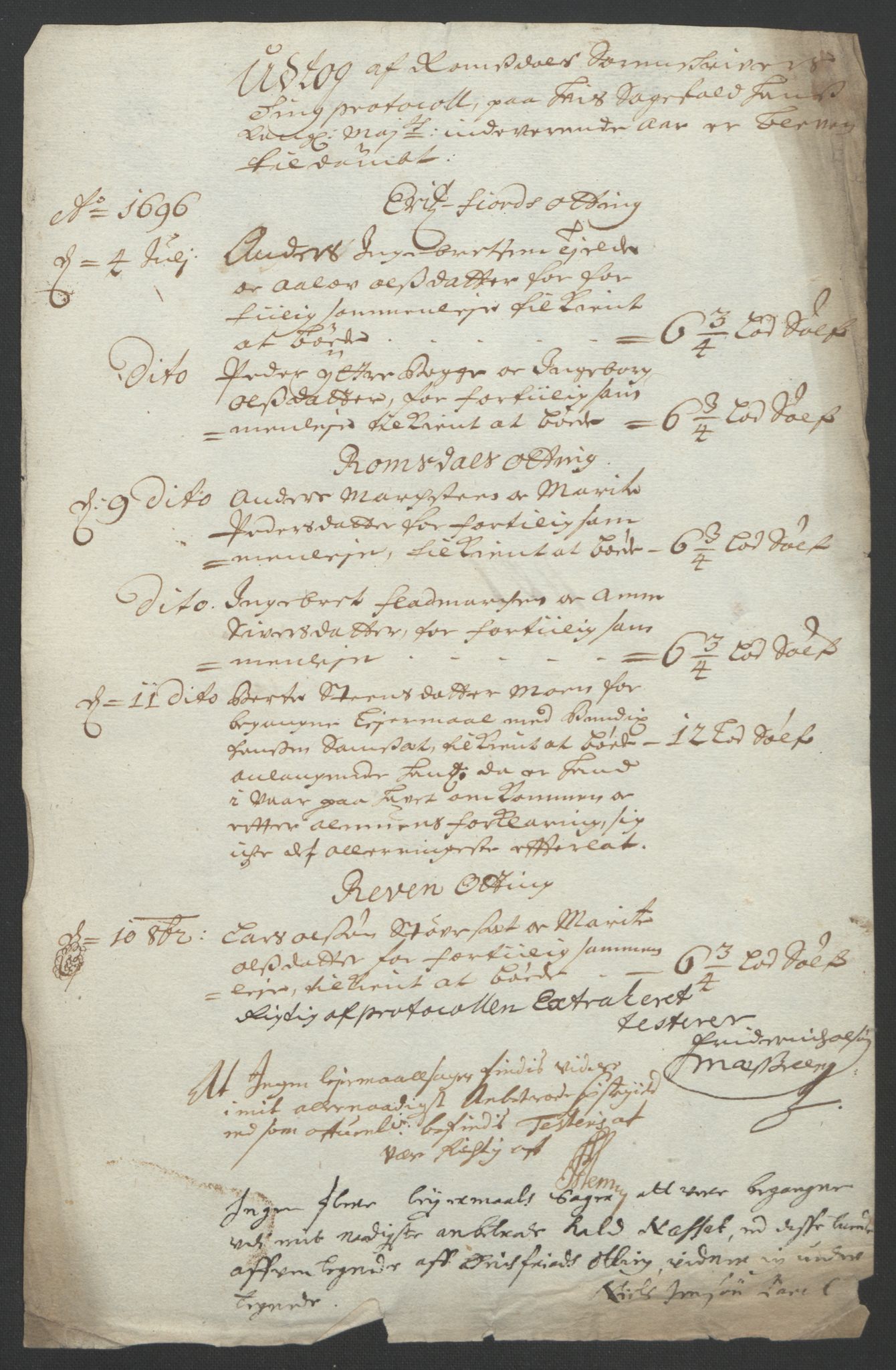 Rentekammeret inntil 1814, Reviderte regnskaper, Fogderegnskap, AV/RA-EA-4092/R55/L3652: Fogderegnskap Romsdal, 1695-1696, p. 254