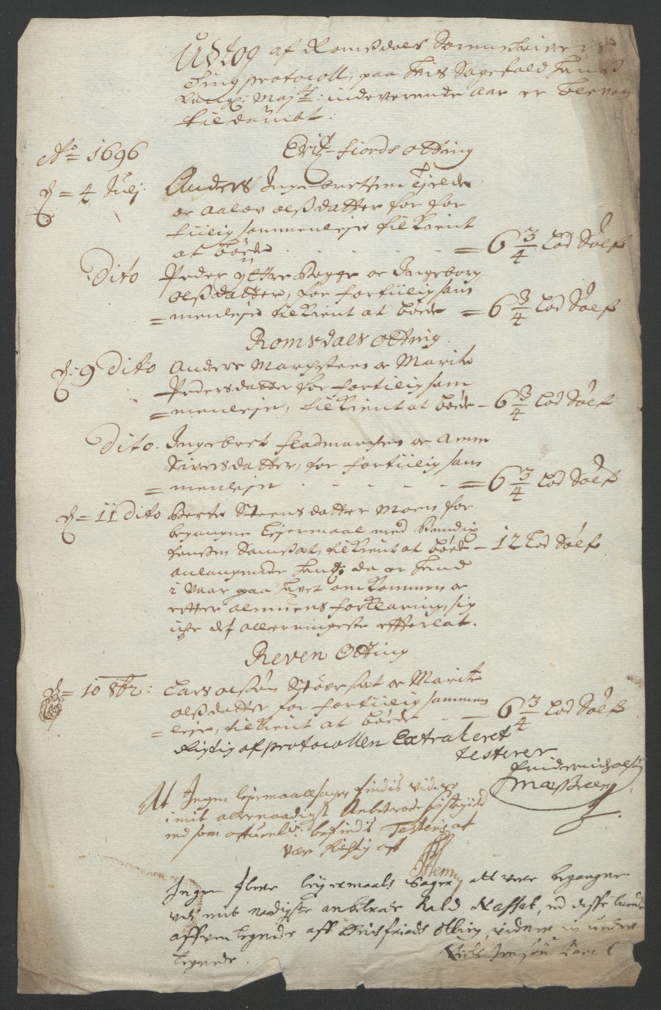 Rentekammeret inntil 1814, Reviderte regnskaper, Fogderegnskap, AV/RA-EA-4092/R55/L3652: Fogderegnskap Romsdal, 1695-1696, p. 254