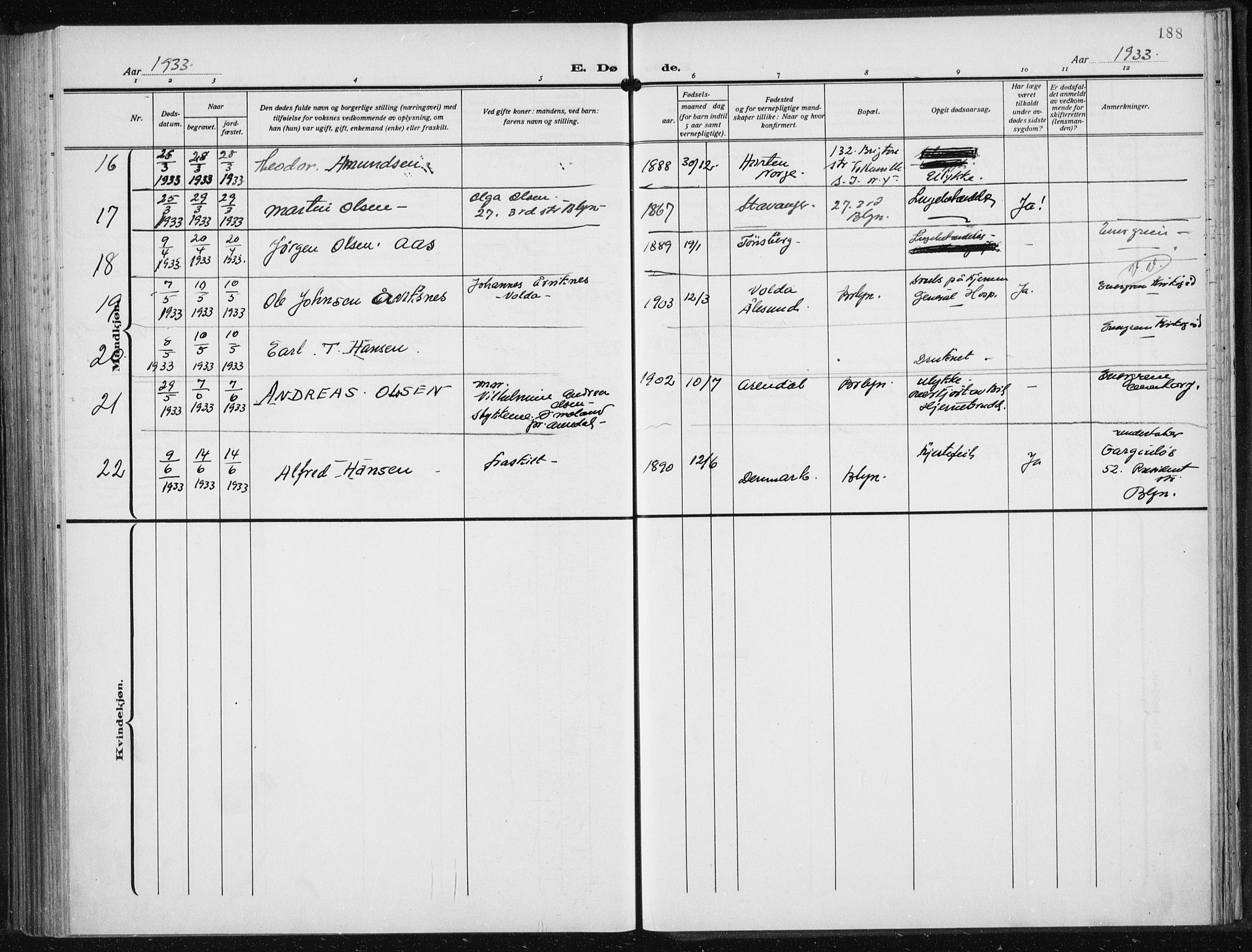Den norske sjømannsmisjon i utlandet/New York, SAB/SAB/PA-0110/H/Ha/L0008: Parish register (official) no. A 8, 1923-1935, p. 188