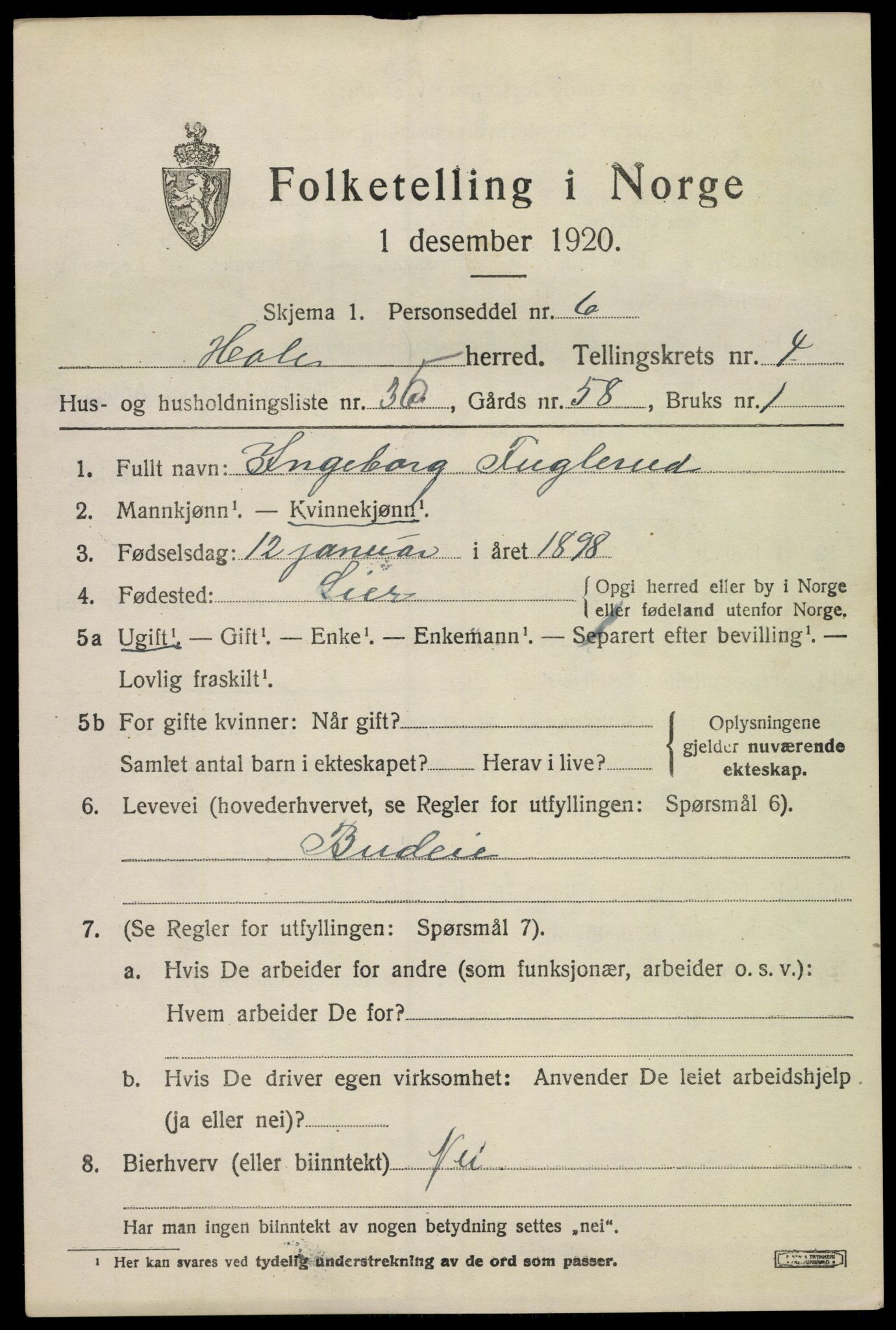 SAKO, 1920 census for Hole, 1920, p. 3359