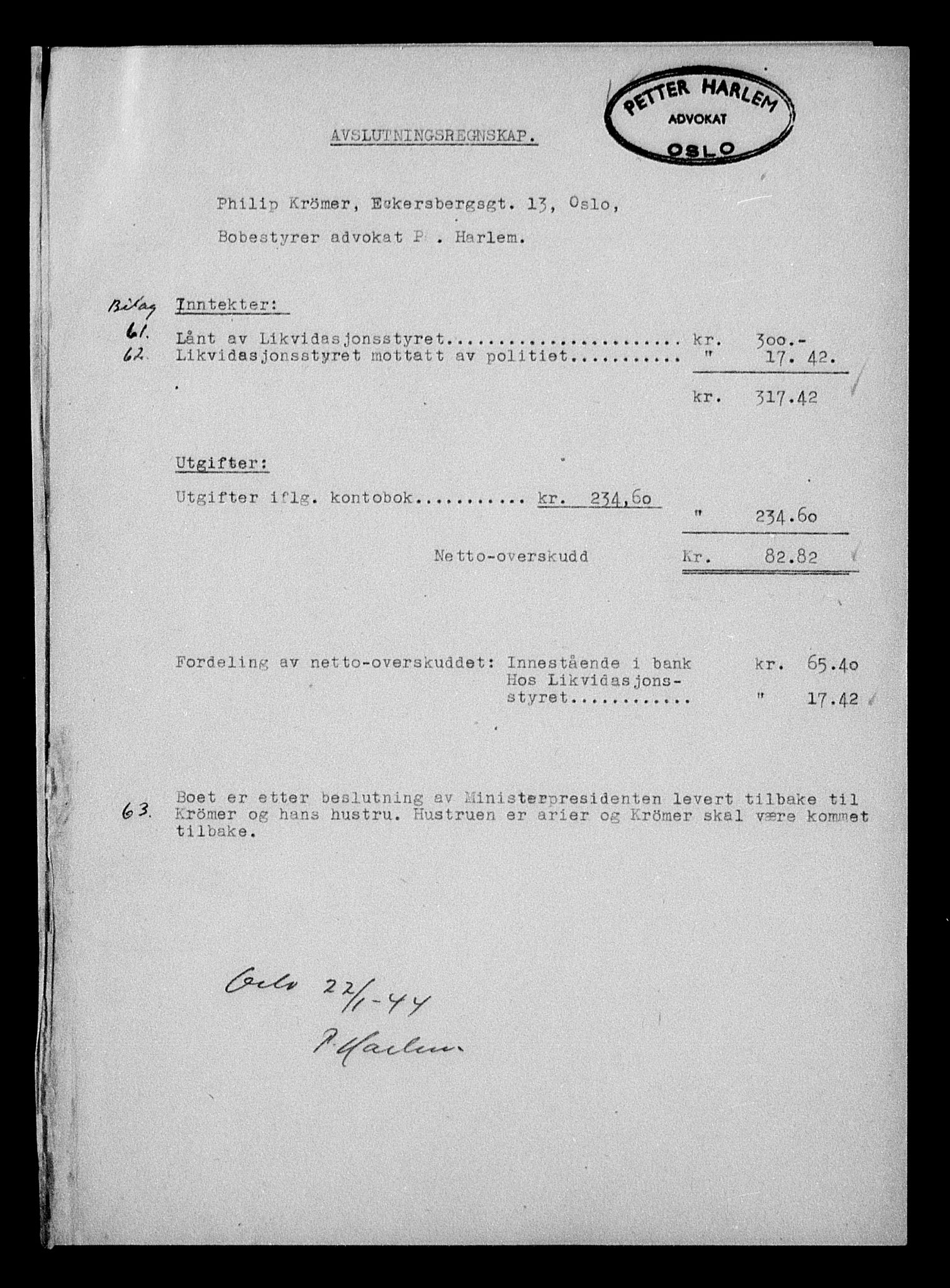 Justisdepartementet, Tilbakeføringskontoret for inndratte formuer, AV/RA-S-1564/H/Hc/Hcc/L0954: --, 1945-1947, p. 207