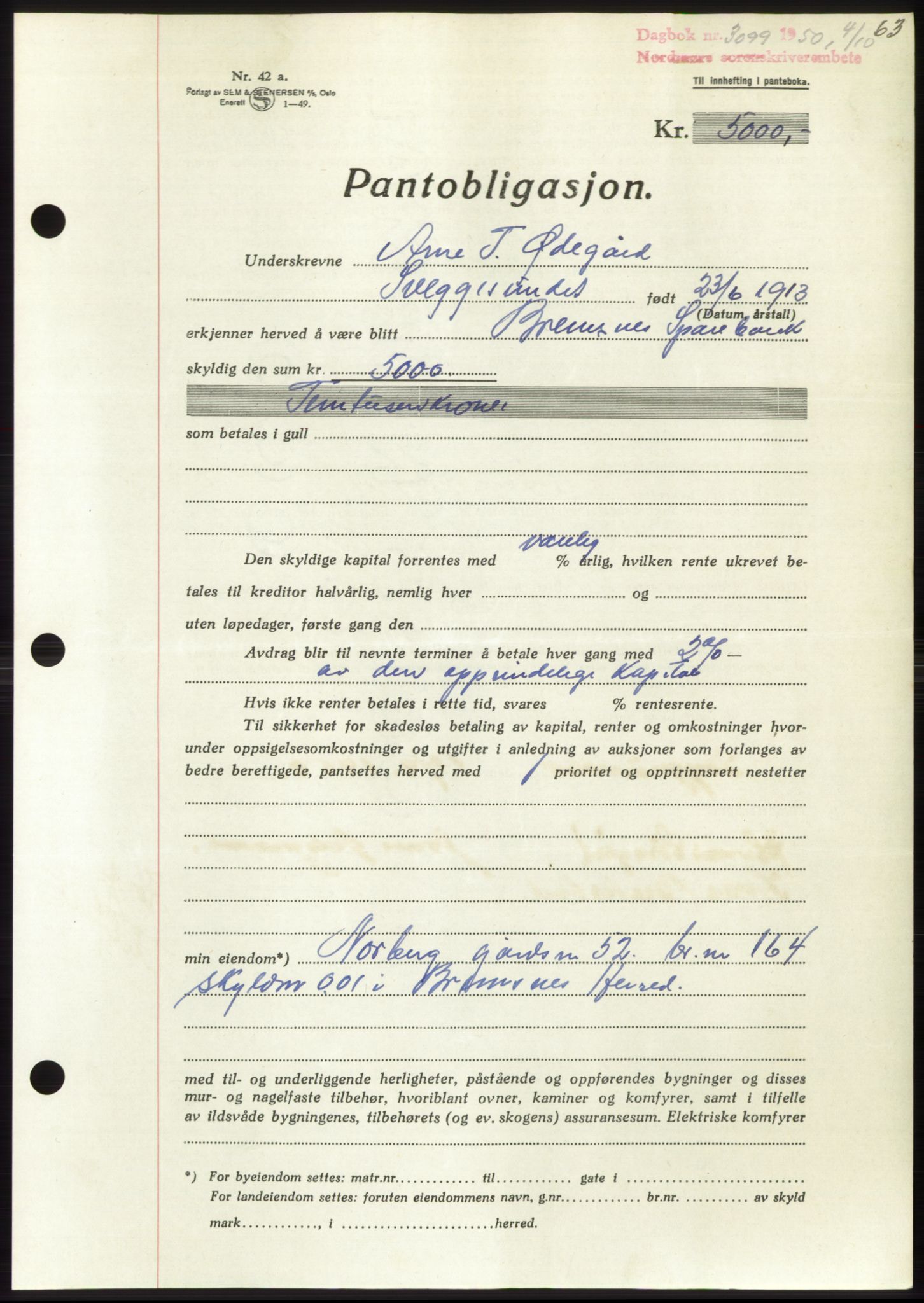 Nordmøre sorenskriveri, AV/SAT-A-4132/1/2/2Ca: Mortgage book no. B106, 1950-1950, Diary no: : 3099/1950