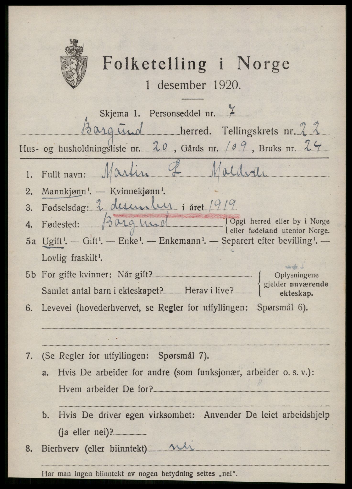 SAT, 1920 census for Borgund, 1920, p. 15422