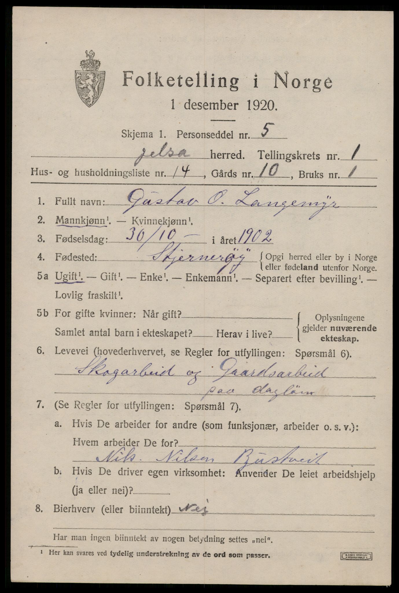 SAST, 1920 census for Jelsa, 1920, p. 816