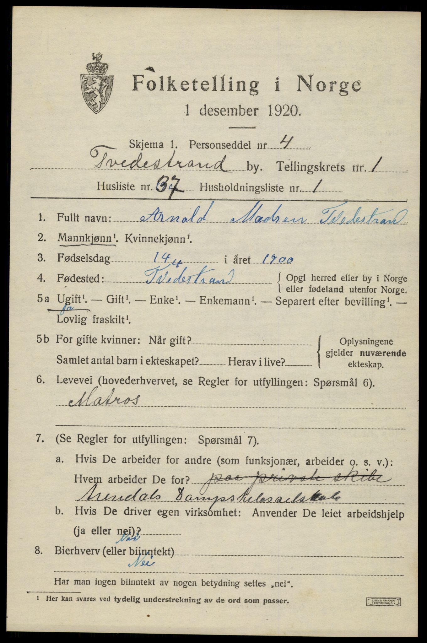 SAK, 1920 census for Tvedestrand, 1920, p. 1699