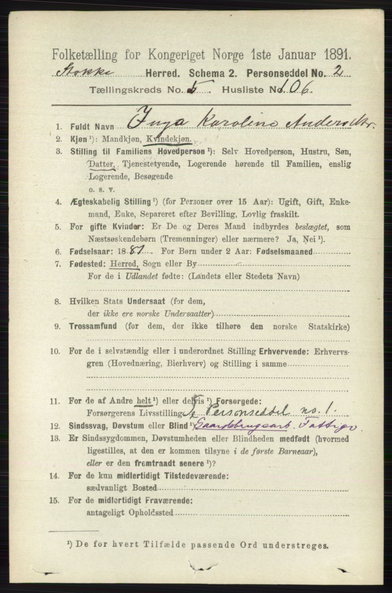 RA, 1891 census for 0720 Stokke, 1891, p. 3670