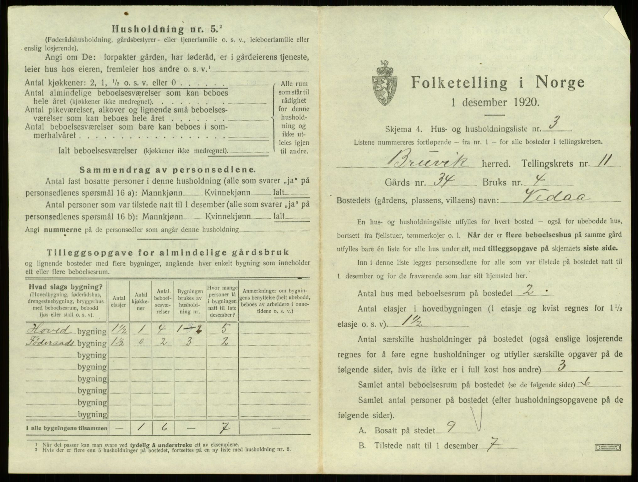 SAB, 1920 census for Bruvik, 1920, p. 827