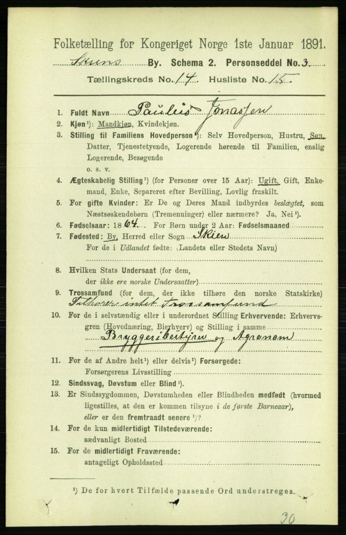 RA, 1891 census for 0806 Skien, 1891, p. 4406