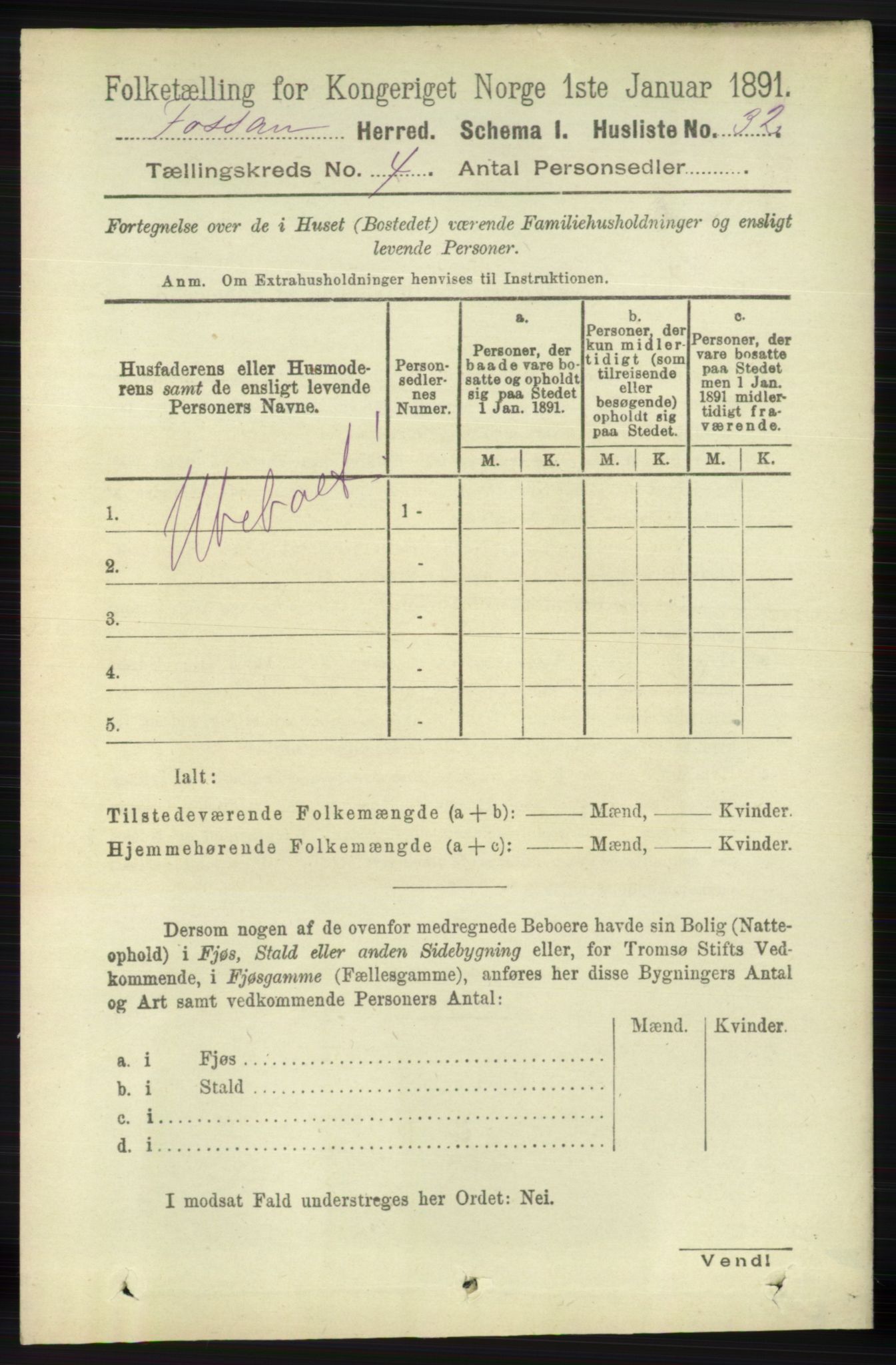 RA, 1891 census for 1129 Forsand, 1891, p. 527