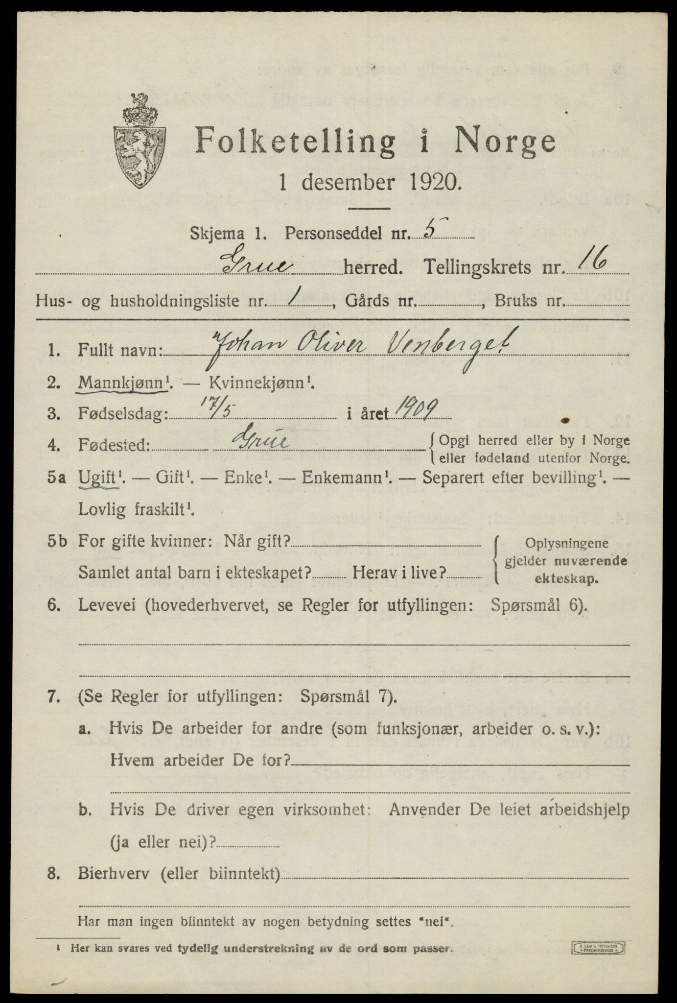 SAH, 1920 census for Grue, 1920, p. 13487