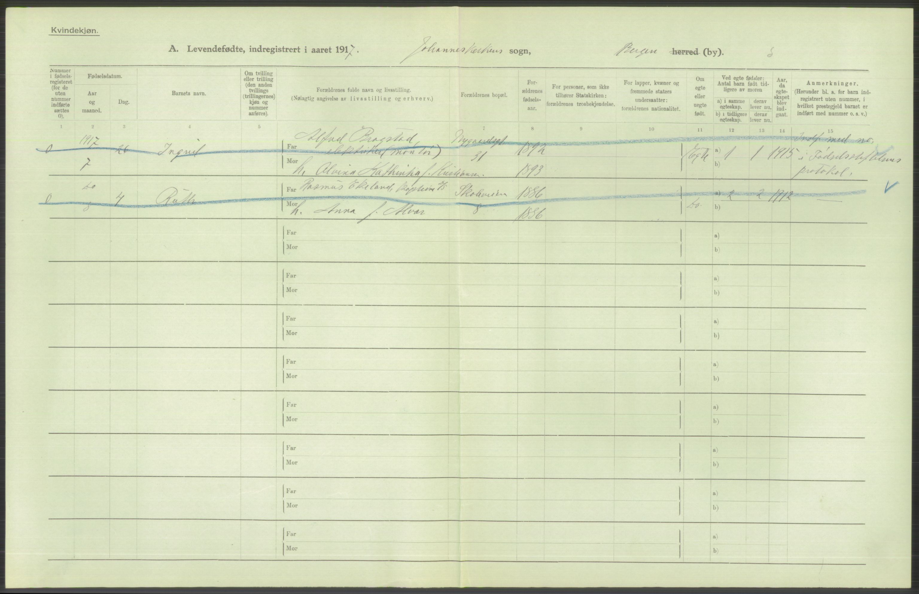 Statistisk sentralbyrå, Sosiodemografiske emner, Befolkning, AV/RA-S-2228/D/Df/Dfb/Dfbg/L0037: Bergen: Levendefødte menn og kvinner., 1917, p. 238