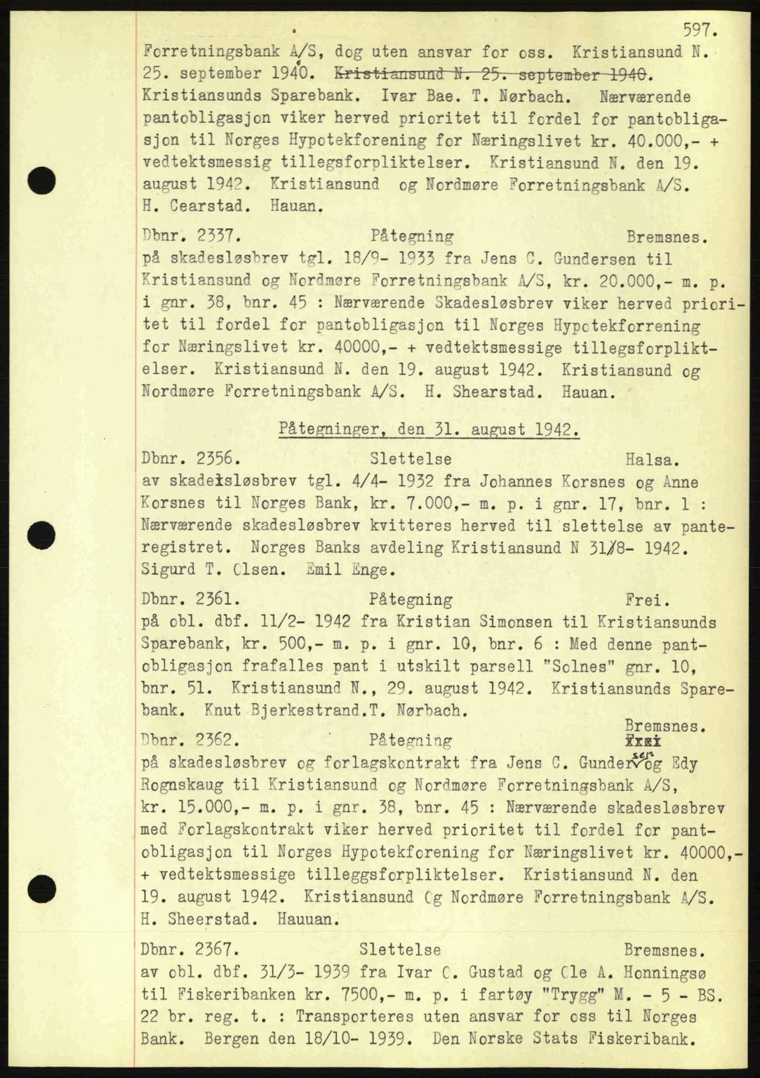 Nordmøre sorenskriveri, AV/SAT-A-4132/1/2/2Ca: Mortgage book no. C81, 1940-1945, Diary no: : 2337/1942