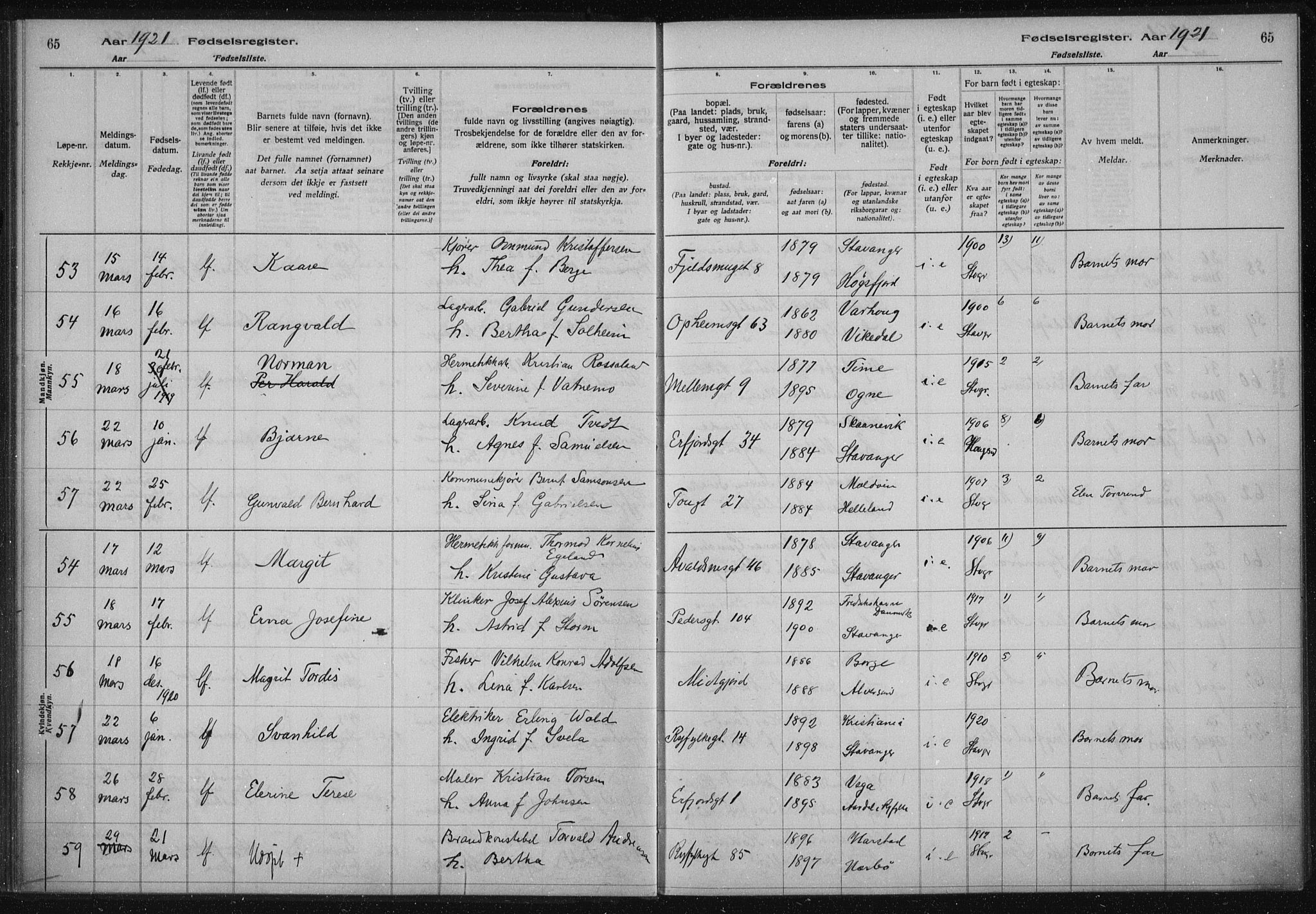 St. Johannes sokneprestkontor, AV/SAST-A-101814/002/A/L0002: Birth register no. 2, 1919-1924, p. 65