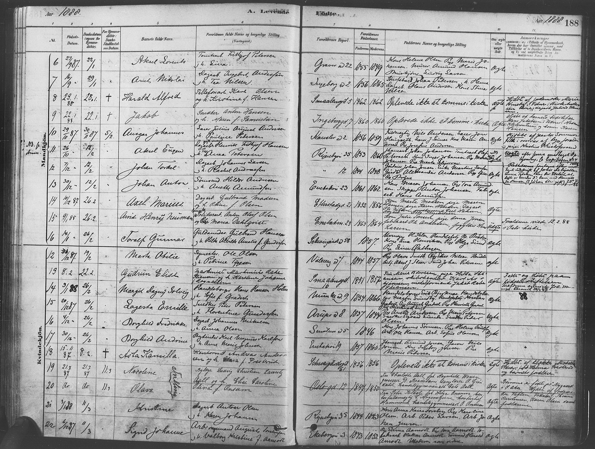 Gamlebyen prestekontor Kirkebøker, SAO/A-10884/F/Fa/L0005: Parish register (official) no. 5, 1878-1889, p. 188