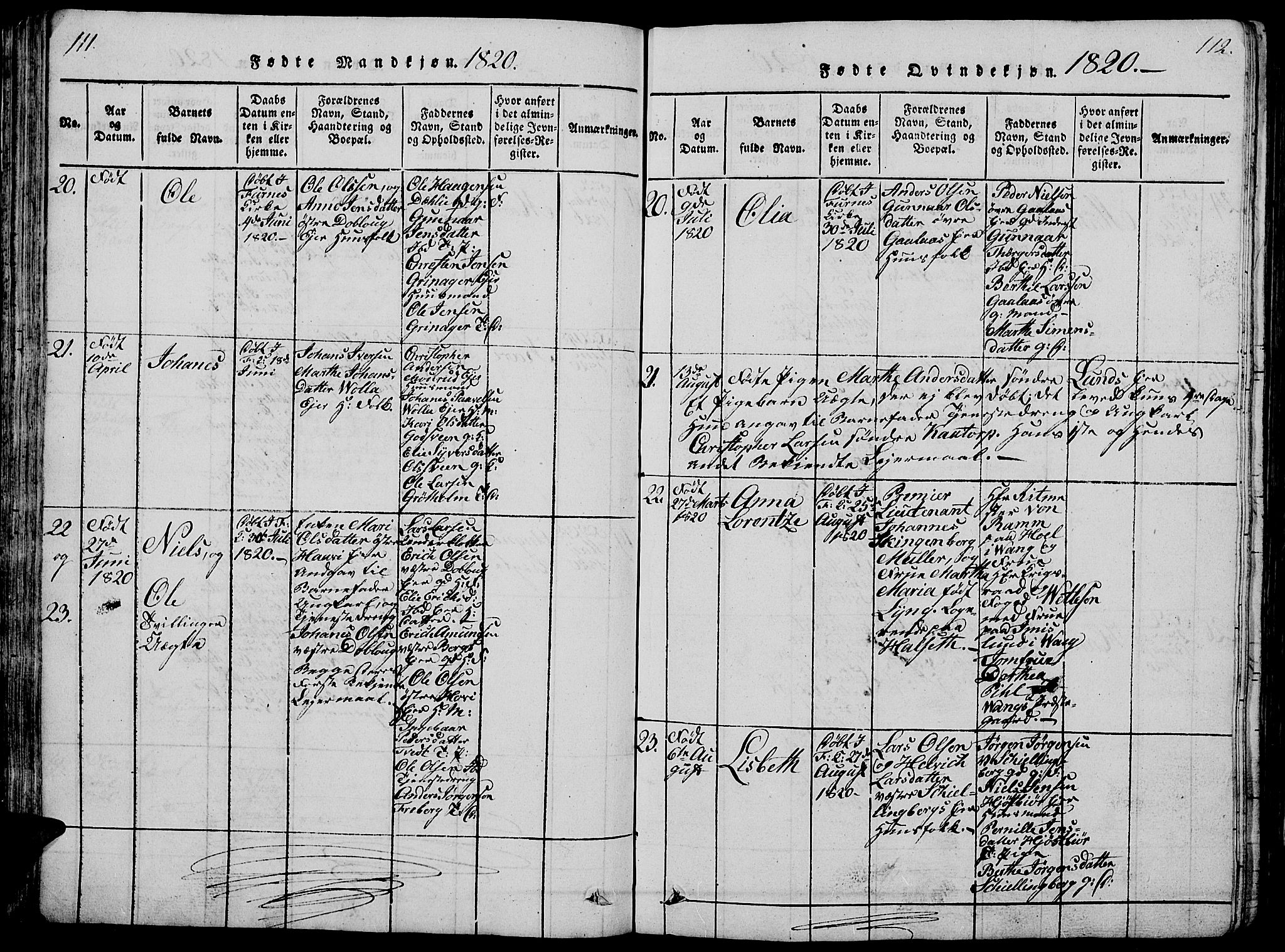 Vang prestekontor, Hedmark, AV/SAH-PREST-008/H/Ha/Hab/L0005: Parish register (copy) no. 5, 1815-1836, p. 111-112