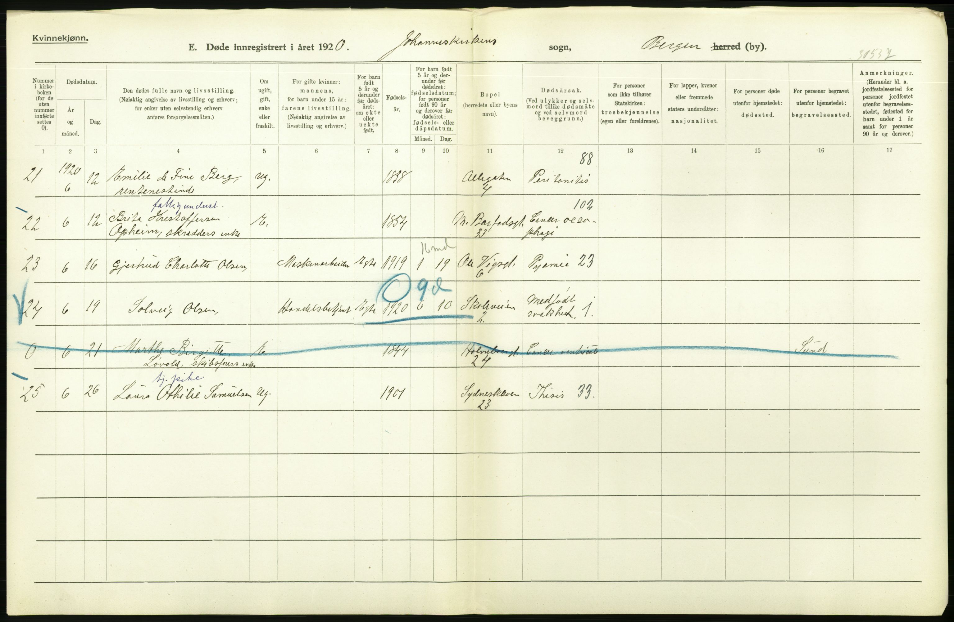 Statistisk sentralbyrå, Sosiodemografiske emner, Befolkning, AV/RA-S-2228/D/Df/Dfb/Dfbj/L0042: Bergen: Gifte, døde, dødfødte., 1920, p. 604