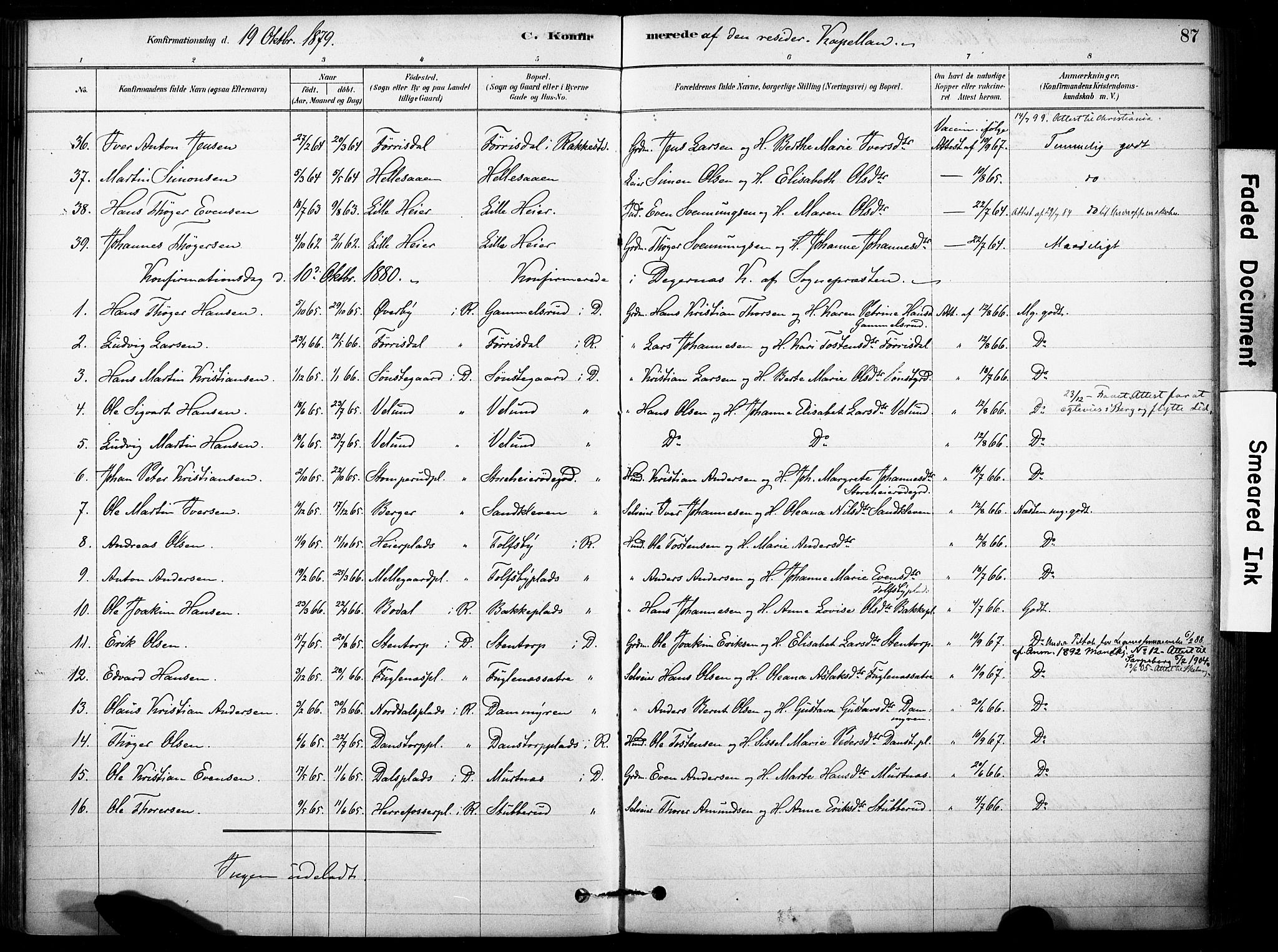 Rakkestad prestekontor Kirkebøker, AV/SAO-A-2008/F/Fb/L0001: Parish register (official) no. II 1, 1878-1899, p. 87