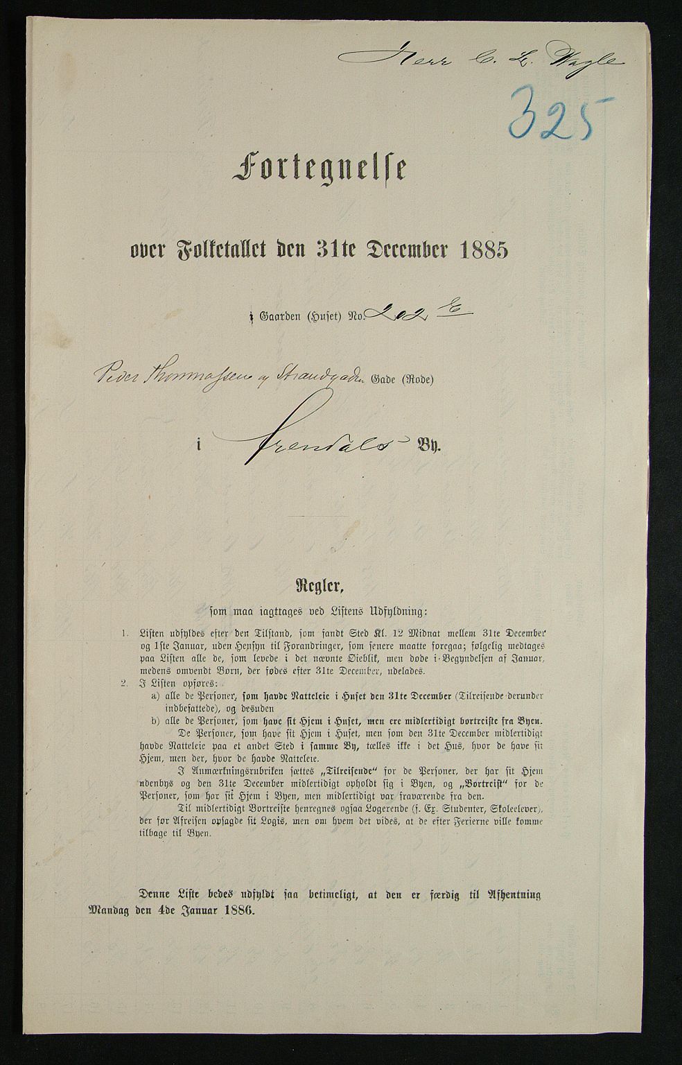 SAK, 1885 census for 0903 Arendal, 1885, p. 325