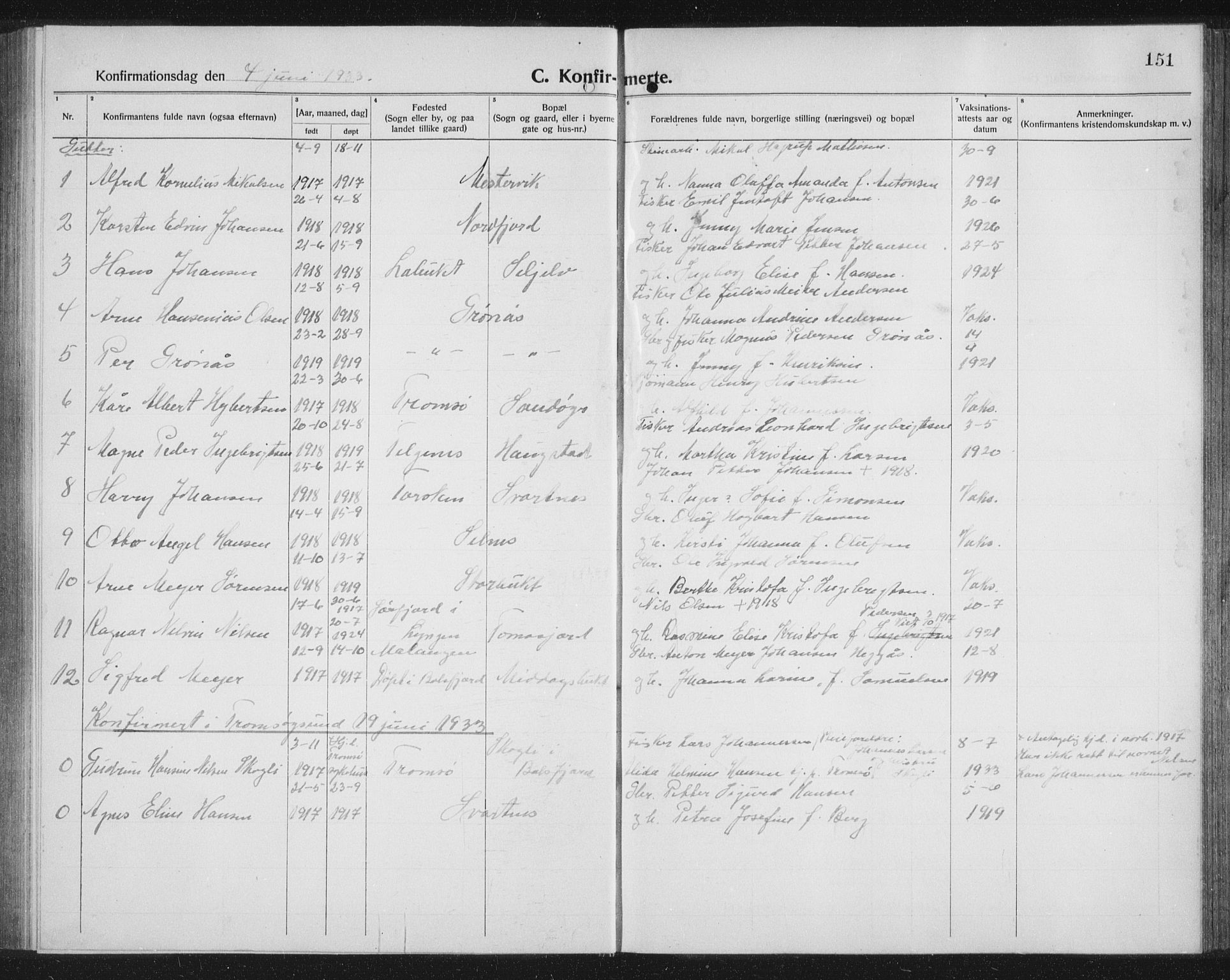 Balsfjord sokneprestembete, AV/SATØ-S-1303/G/Ga/L0010klokker: Parish register (copy) no. 10, 1921-1936, p. 151