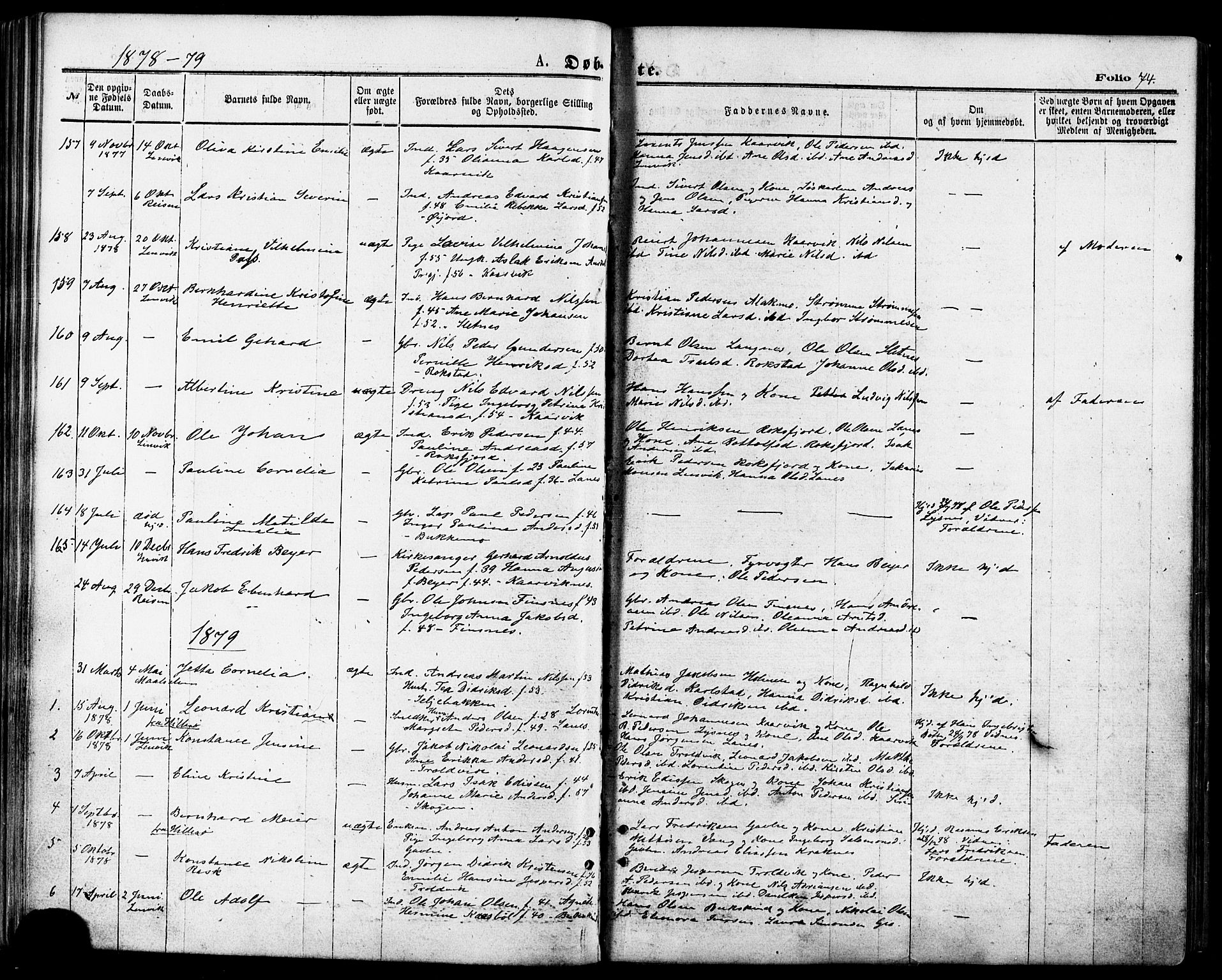 Lenvik sokneprestembete, SATØ/S-1310/H/Ha/Haa/L0010kirke: Parish register (official) no. 10, 1873-1880, p. 74