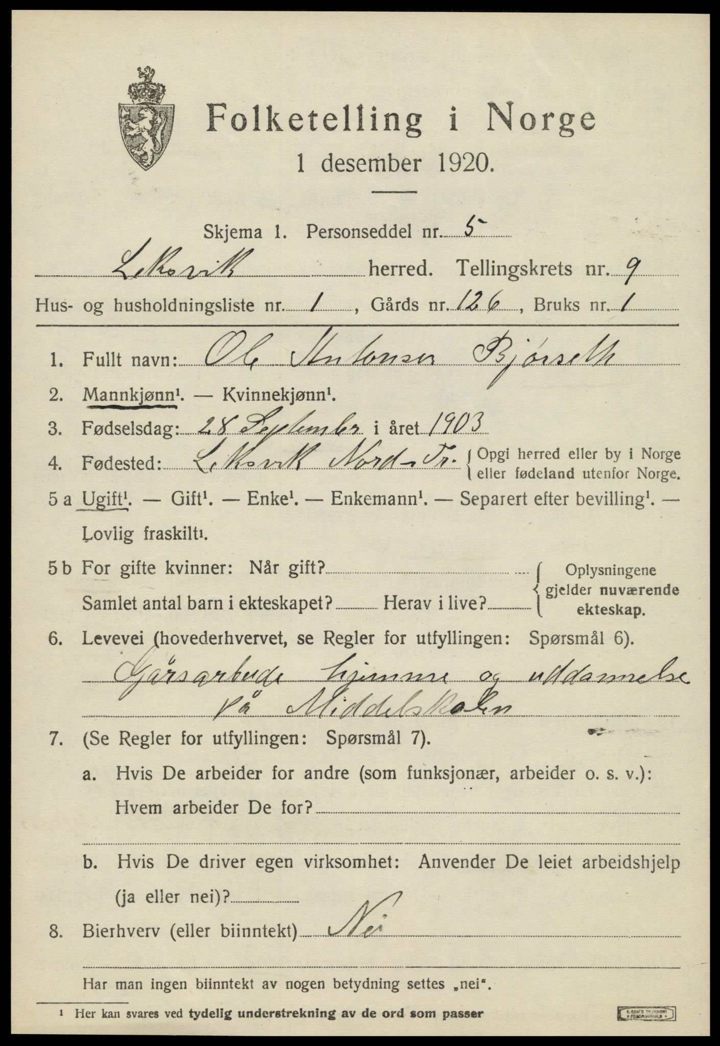 SAT, 1920 census for Leksvik, 1920, p. 6876