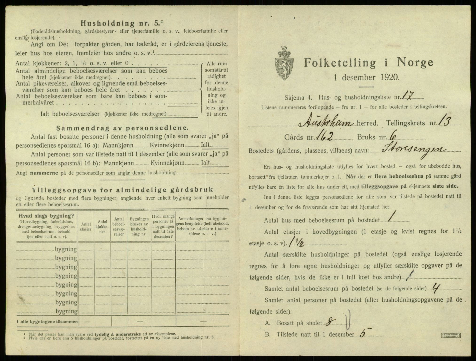 SAB, 1920 census for Austrheim, 1920, p. 653