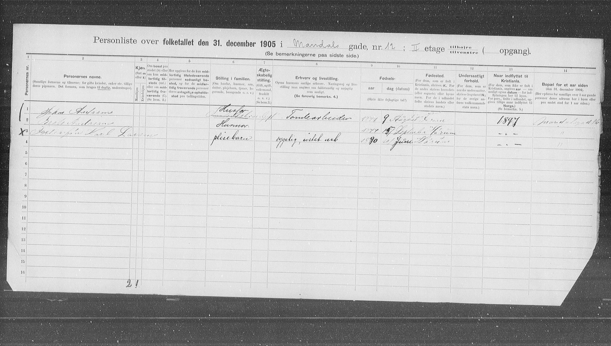 OBA, Municipal Census 1905 for Kristiania, 1905, p. 31653