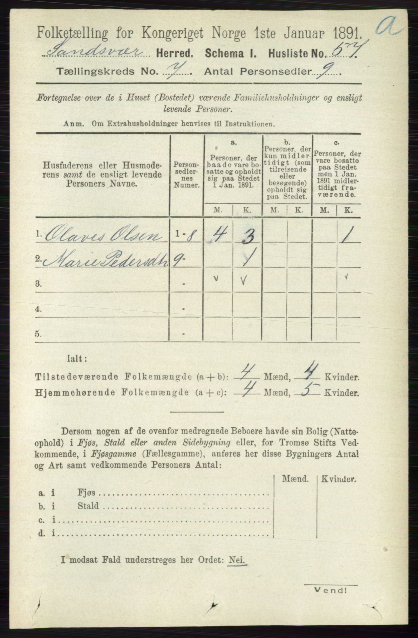 RA, 1891 census for 0629 Sandsvær, 1891, p. 3977