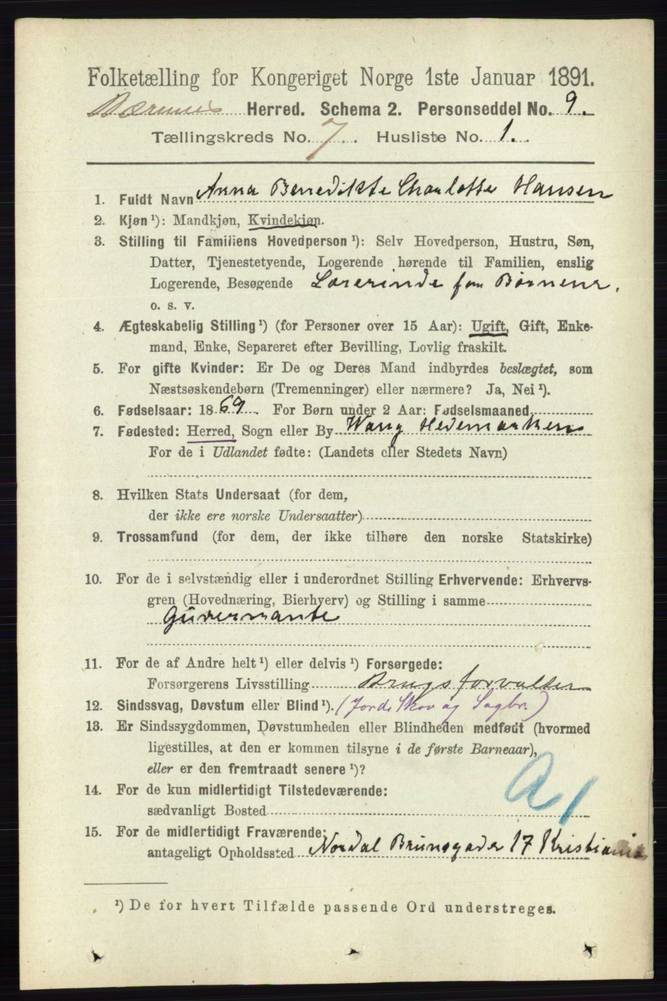 RA, 1891 census for 0219 Bærum, 1891, p. 4088