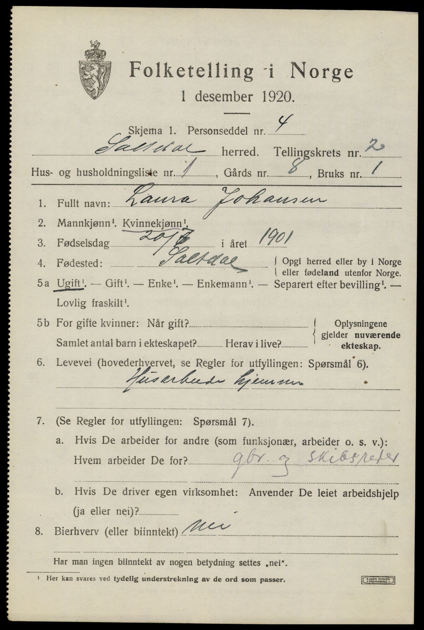 SAT, 1920 census for Saltdal, 1920, p. 2847