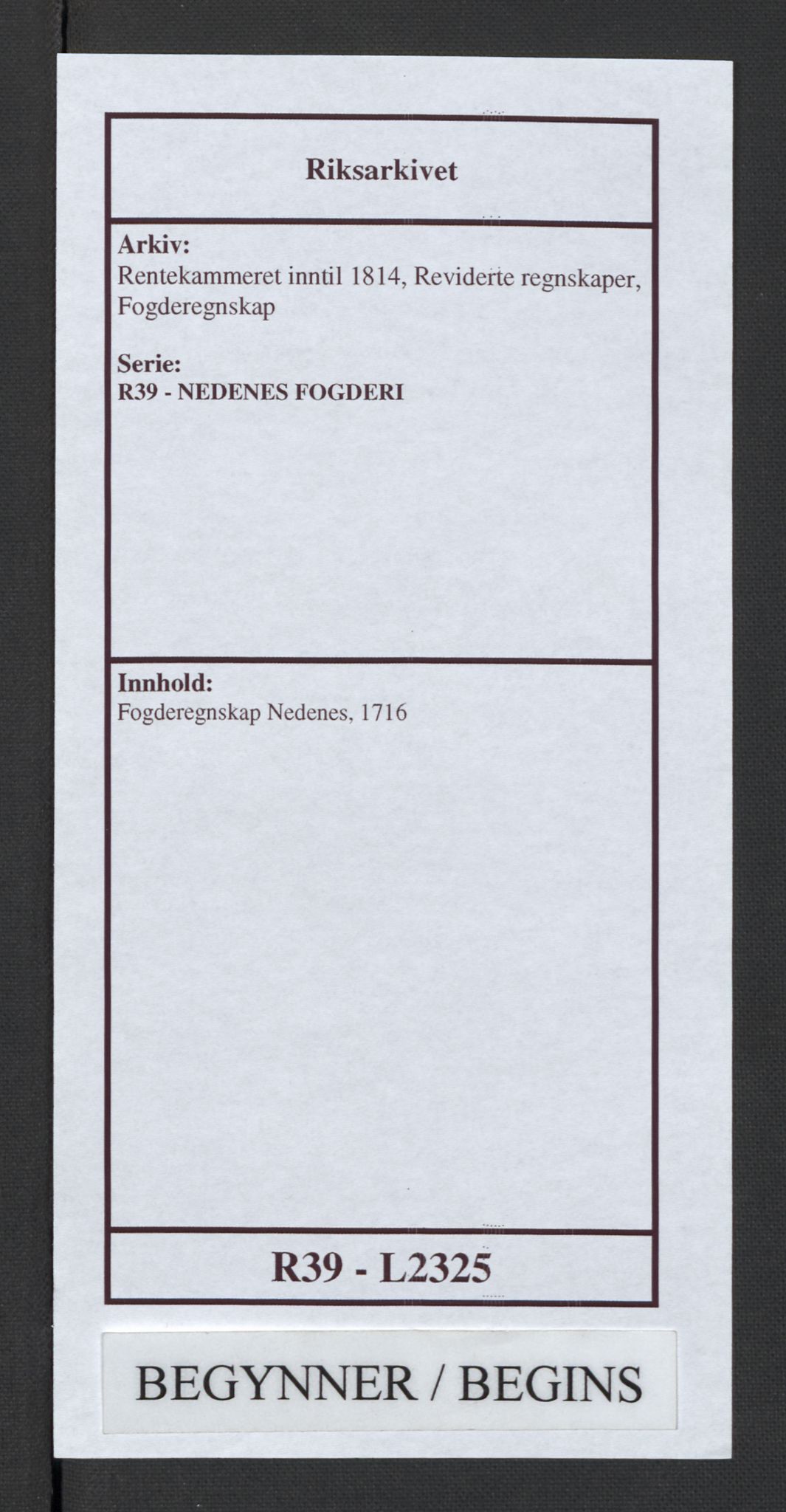 Rentekammeret inntil 1814, Reviderte regnskaper, Fogderegnskap, AV/RA-EA-4092/R39/L2325: Fogderegnskap Nedenes, 1716, p. 1