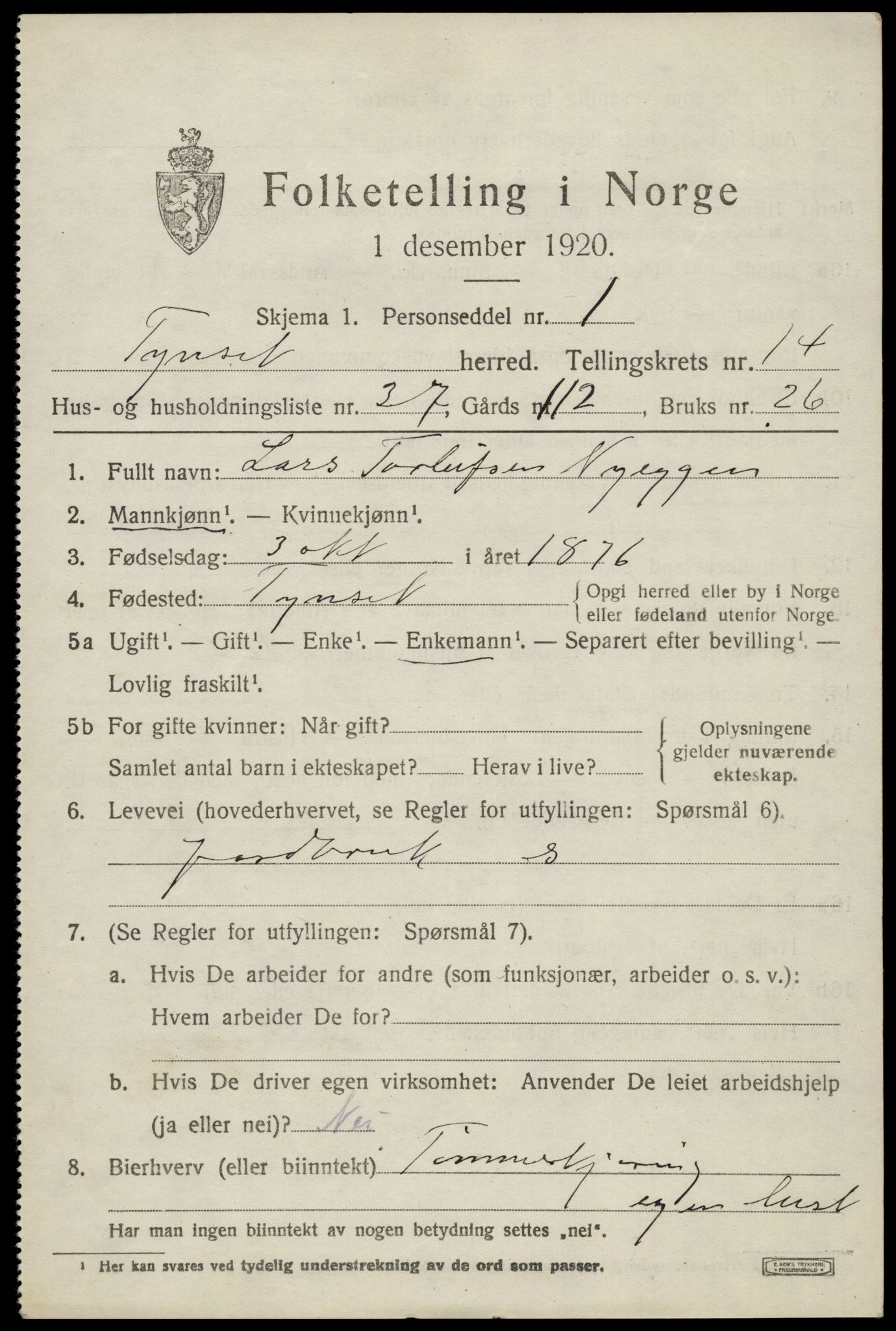 SAH, 1920 census for Tynset, 1920, p. 9216