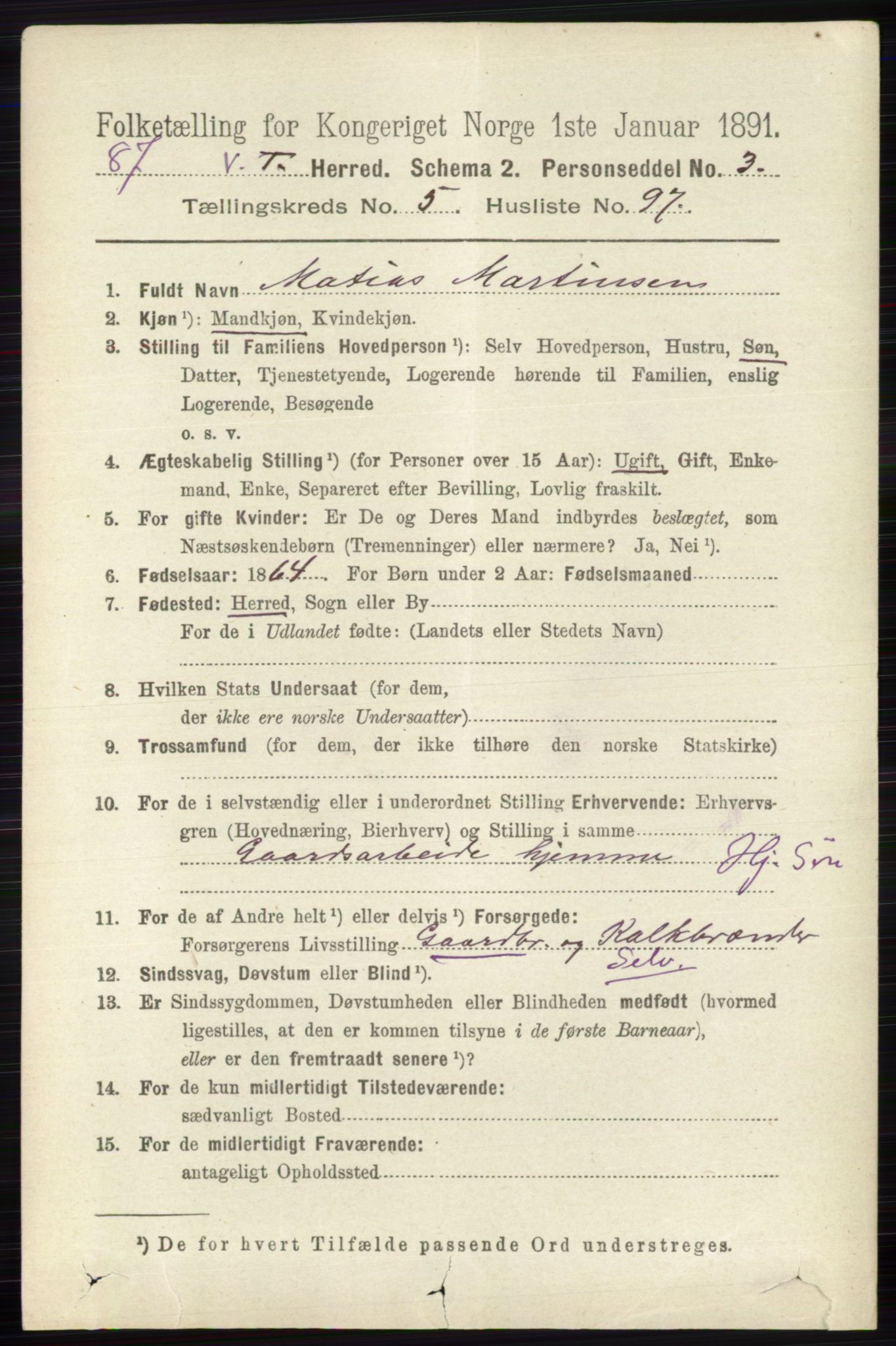 RA, 1891 census for 0529 Vestre Toten, 1891, p. 3729