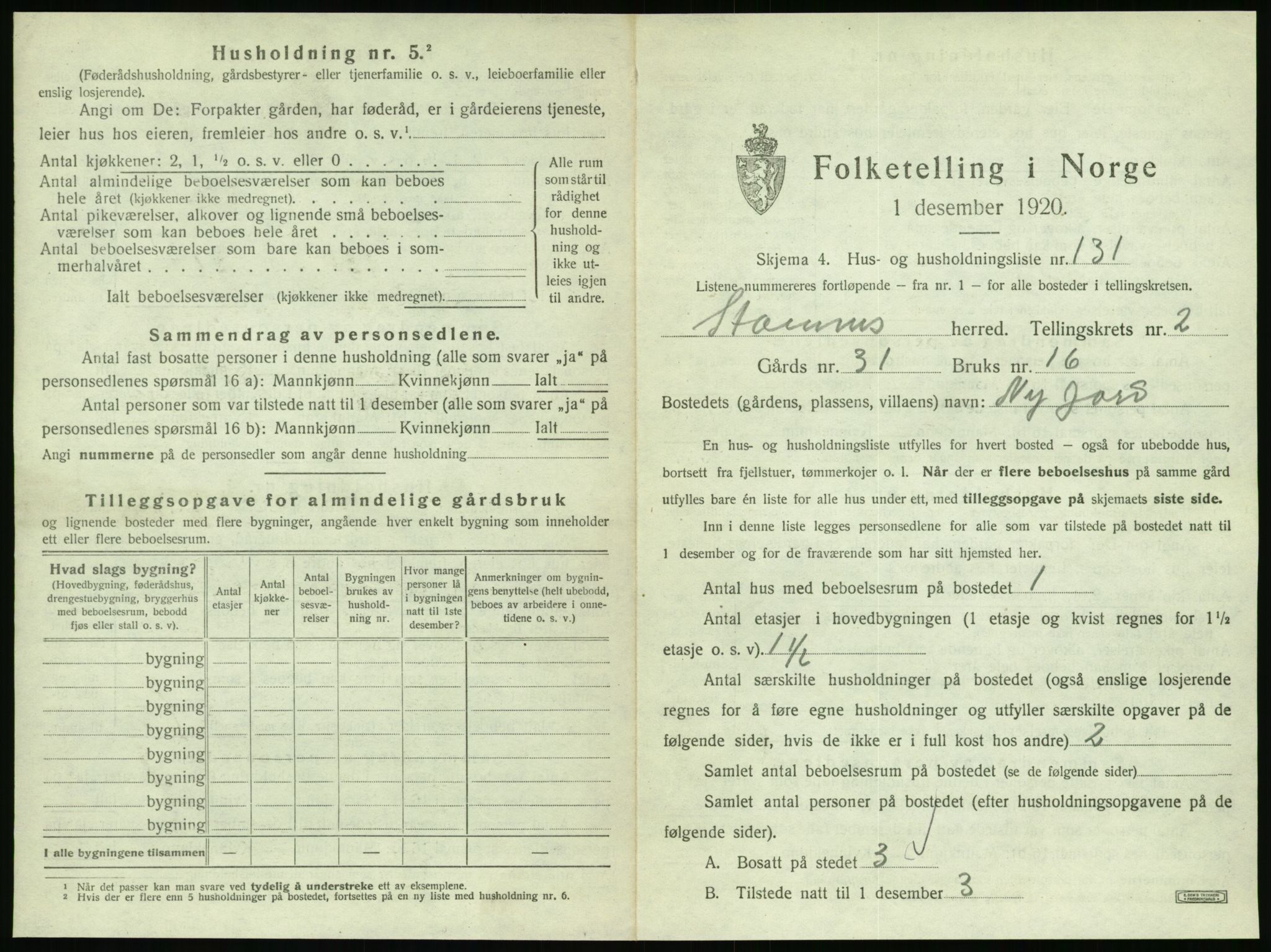 SAT, 1920 census for Stamnes, 1920, p. 568