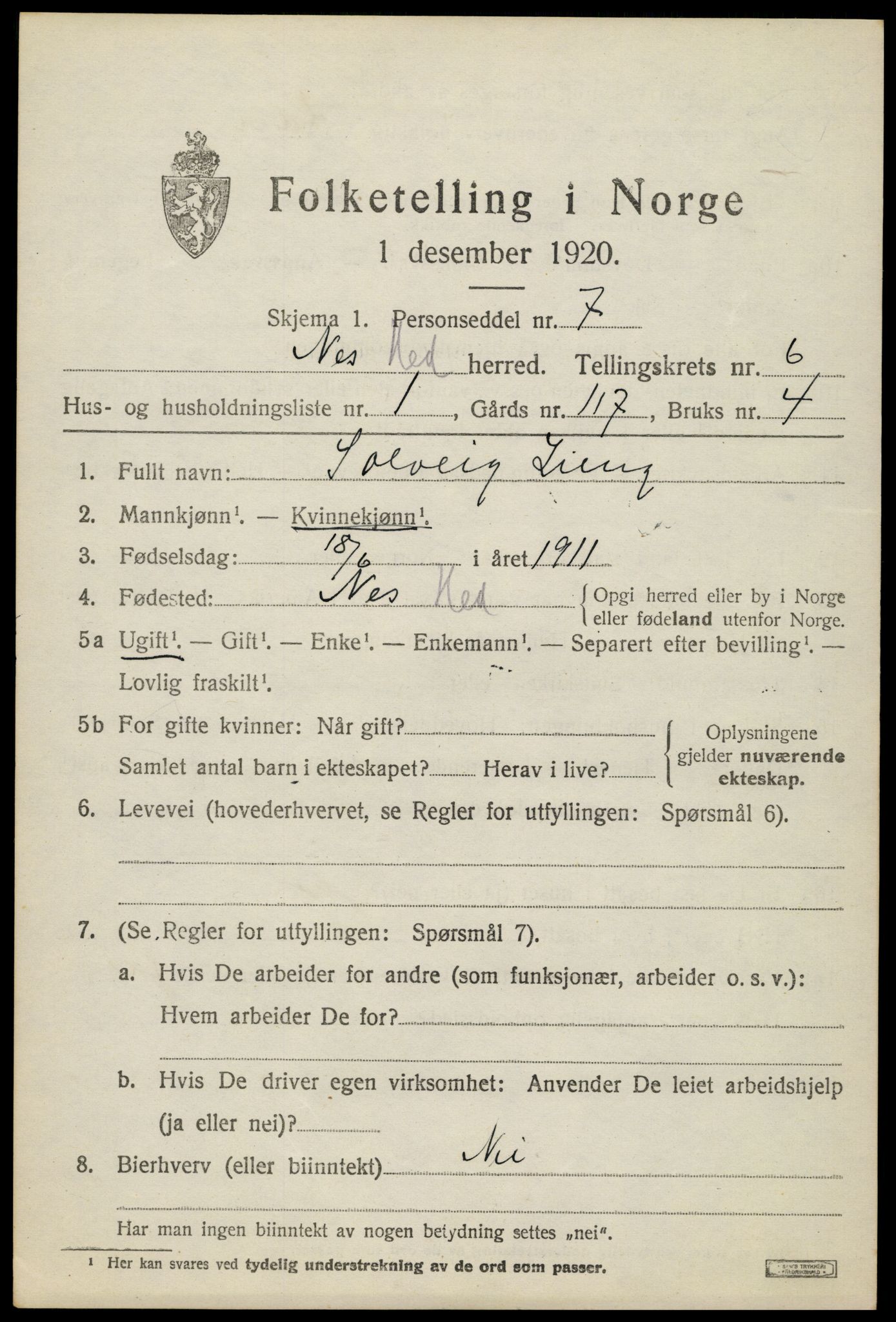 SAH, 1920 census for Nes (Hedmark), 1920, p. 7794