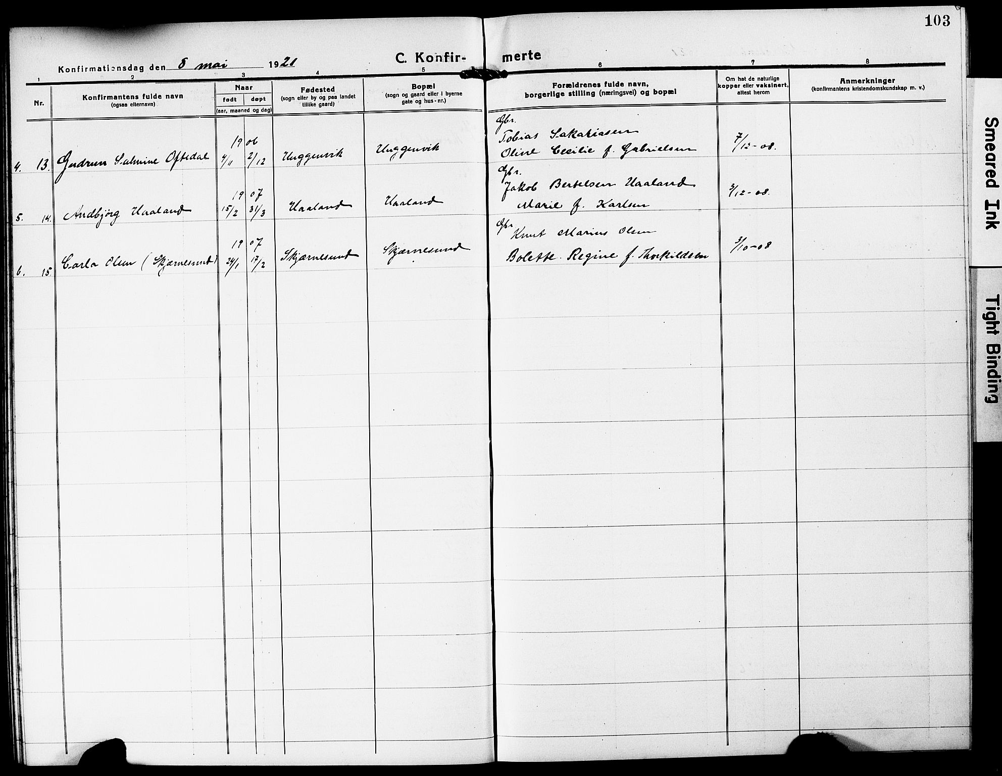 Mandal sokneprestkontor, SAK/1111-0030/F/Fb/Fba/L0013: Parish register (copy) no. B 7, 1918-1931, p. 103