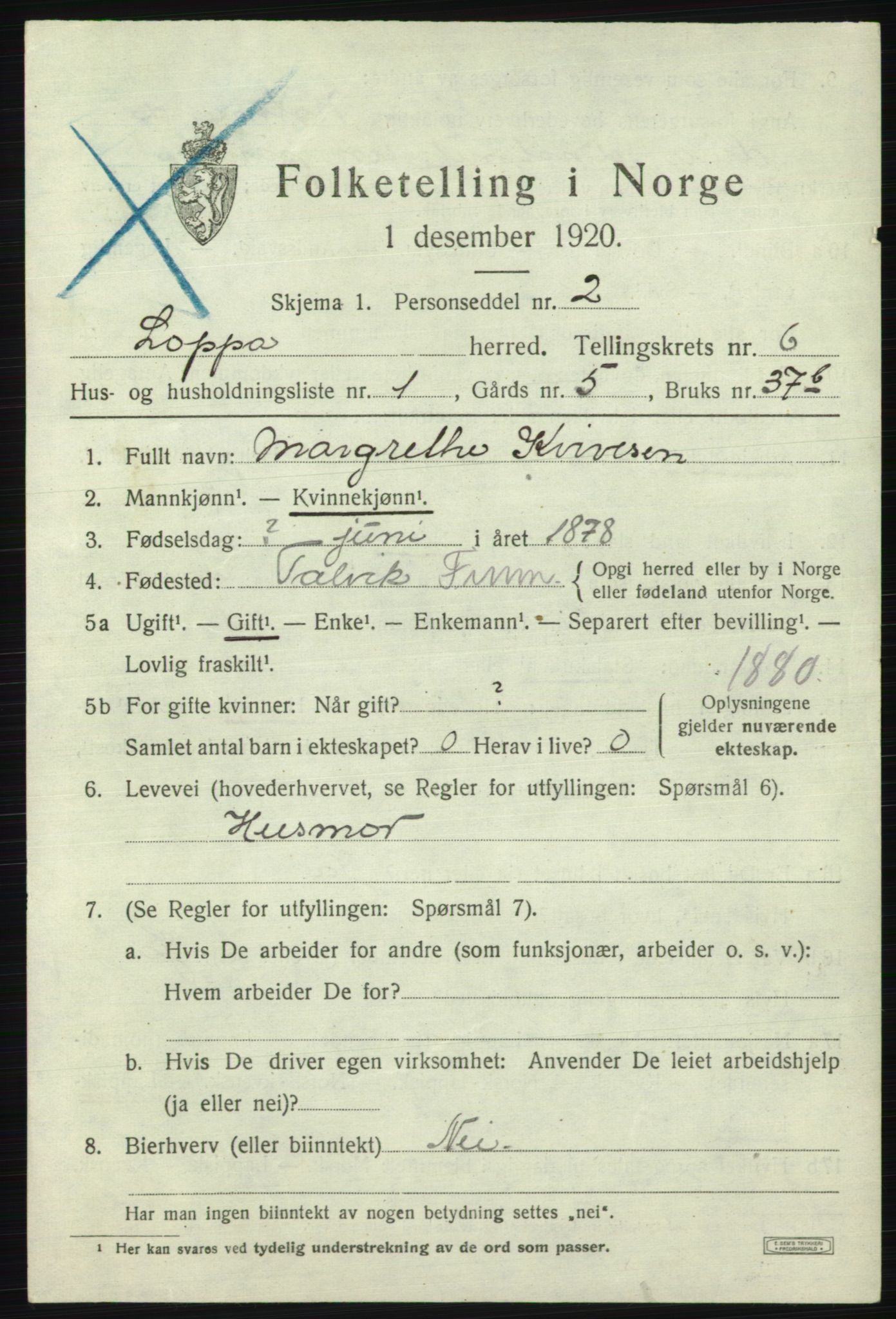 SATØ, 1920 census for Loppa, 1920, p. 2536