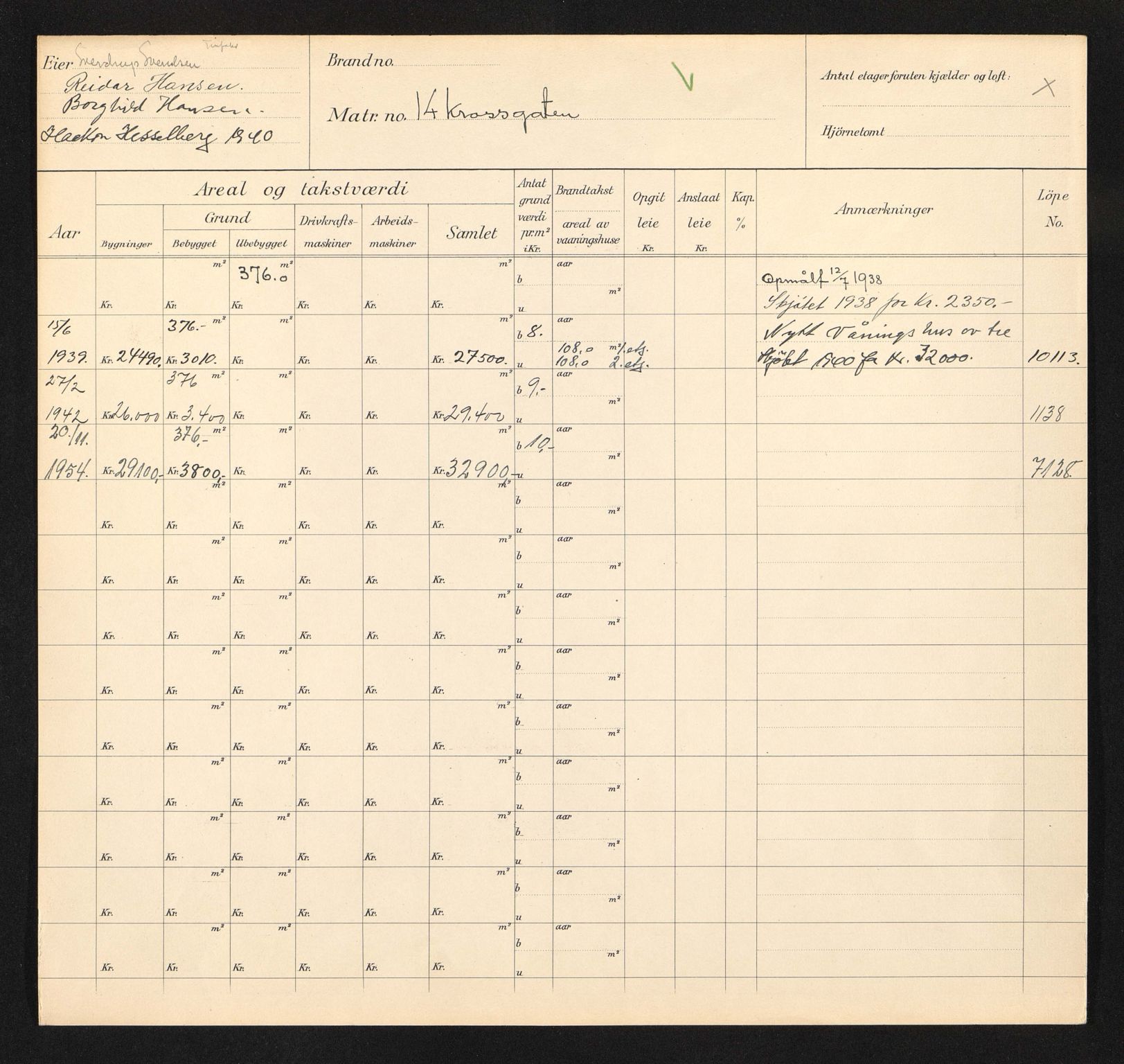 Stavanger kommune. Skattetakstvesenet, BYST/A-0440/F/Fa/Faa/L0026/0007: Skattetakstkort / Krossgata 13 - 38