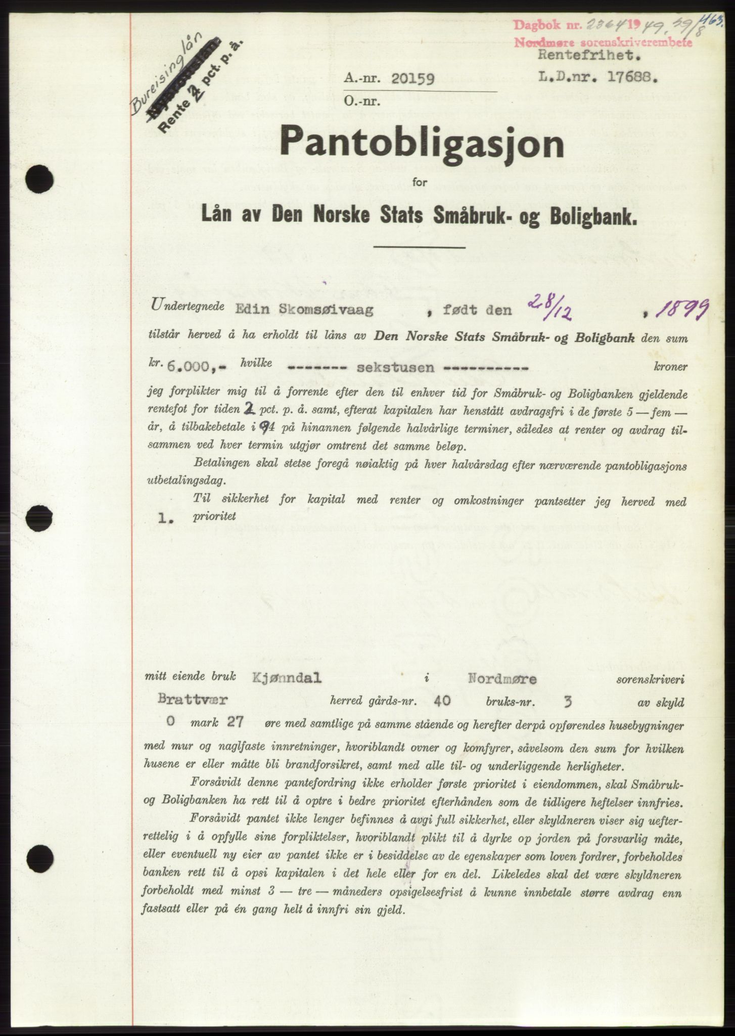 Nordmøre sorenskriveri, AV/SAT-A-4132/1/2/2Ca: Mortgage book no. B102, 1949-1949, Diary no: : 2364/1949