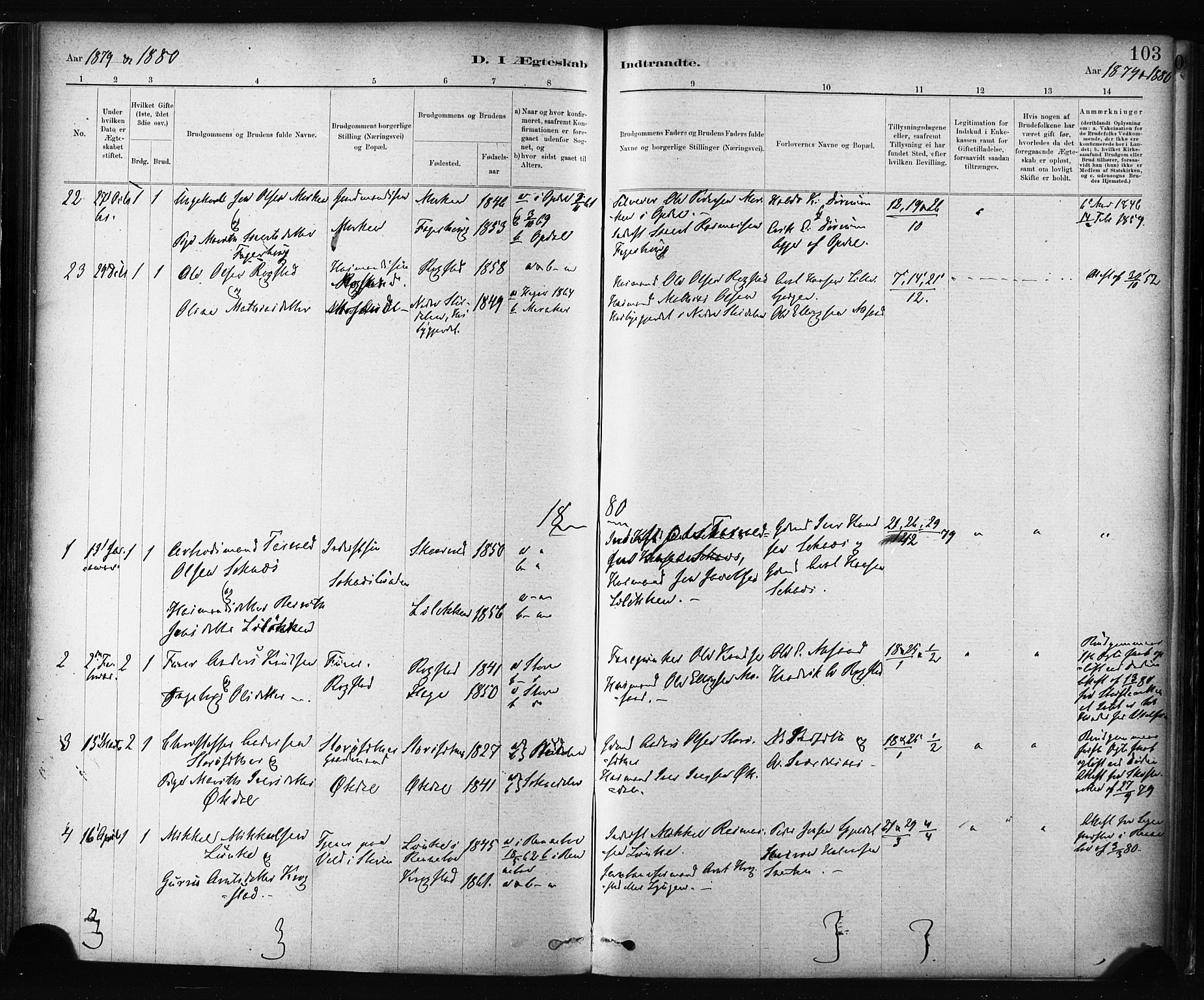Ministerialprotokoller, klokkerbøker og fødselsregistre - Sør-Trøndelag, SAT/A-1456/687/L1002: Parish register (official) no. 687A08, 1878-1890, p. 103