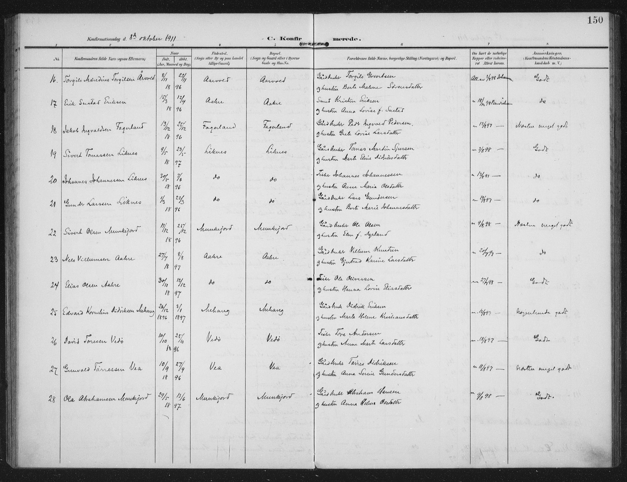 Kopervik sokneprestkontor, AV/SAST-A-101850/H/Ha/Haa/L0005: Parish register (official) no. A 5, 1906-1924, p. 150