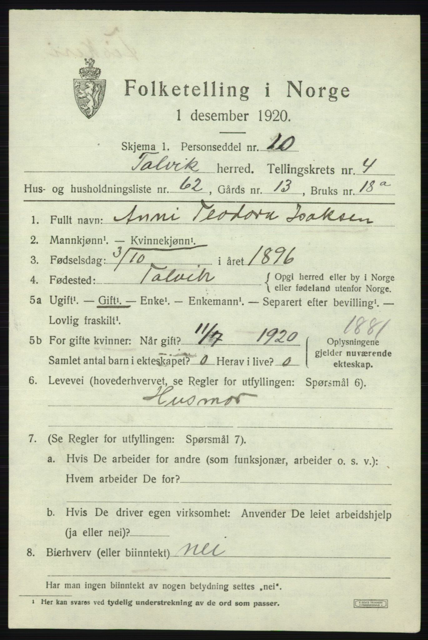 SATØ, 1920 census for Talvik, 1920, p. 3306