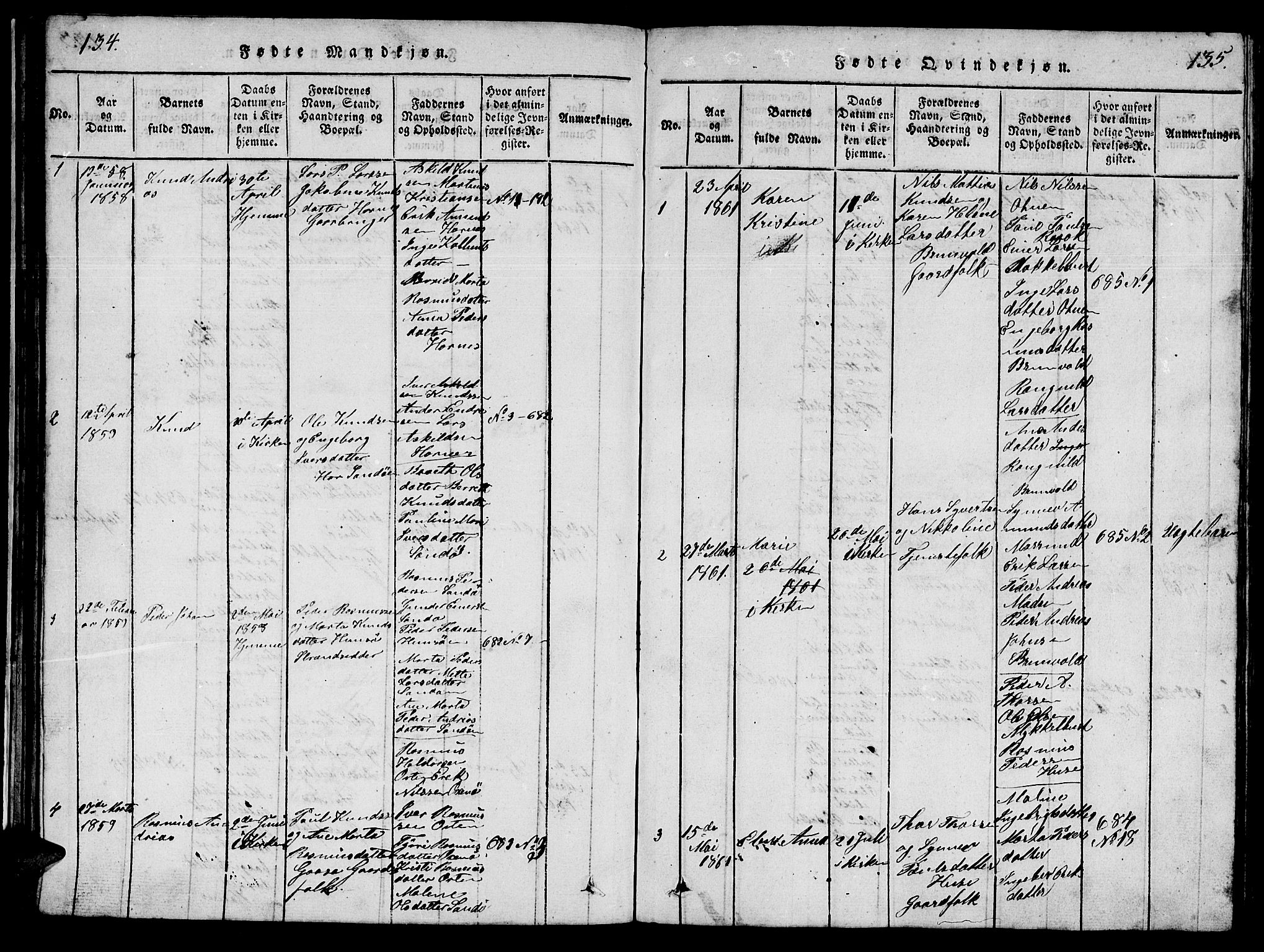 Ministerialprotokoller, klokkerbøker og fødselsregistre - Møre og Romsdal, AV/SAT-A-1454/561/L0731: Parish register (copy) no. 561C01, 1817-1867, p. 134-135