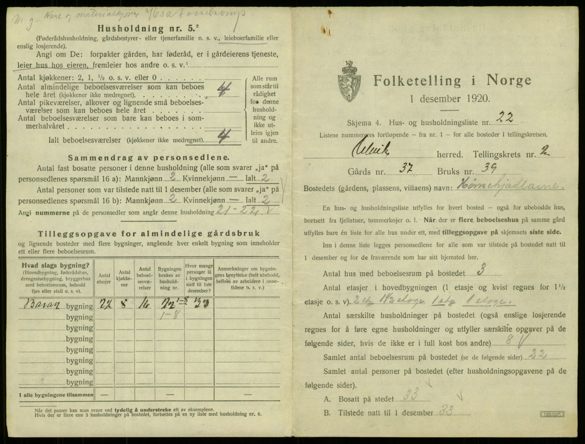 SAB, 1920 census for Ulvik, 1920, p. 19