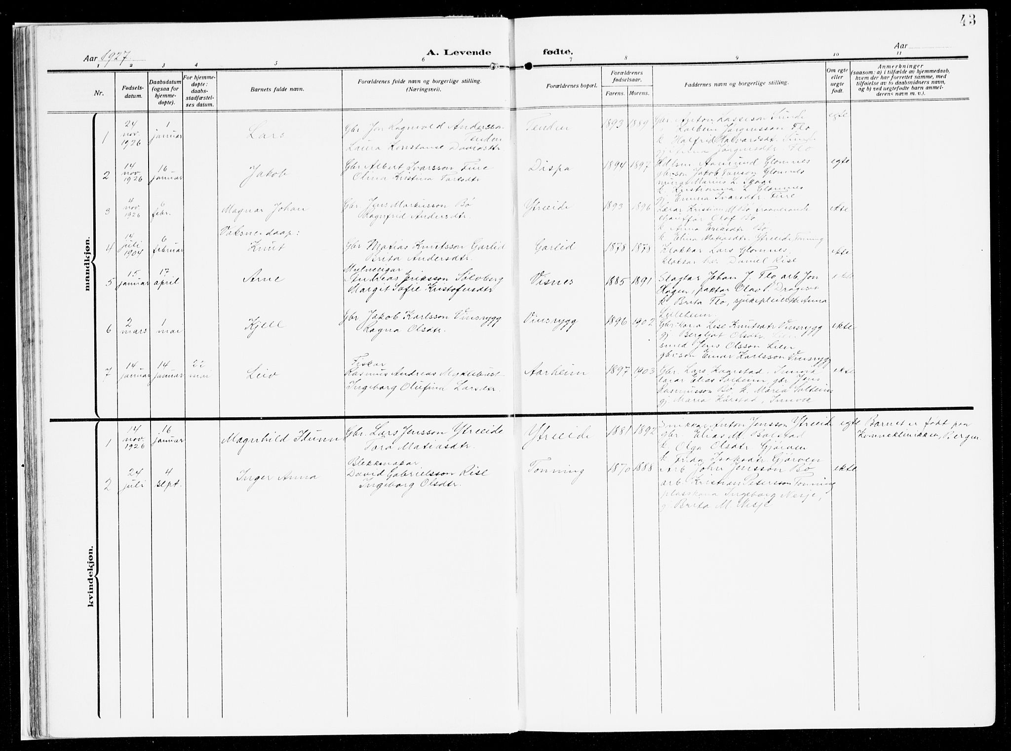 Stryn Sokneprestembete, AV/SAB-A-82501: Parish register (official) no. B 2, 1908-1936, p. 43