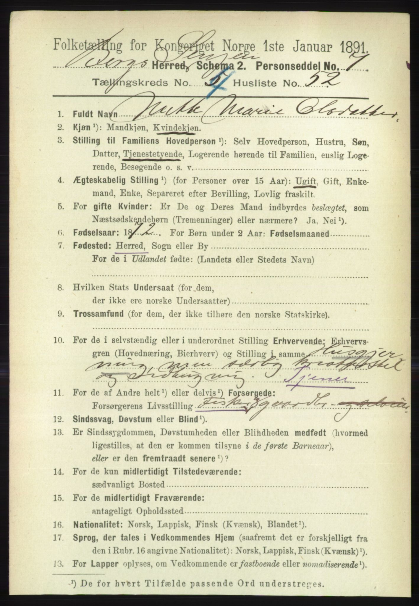 RA, 1891 census for 1929 Berg, 1891, p. 2023